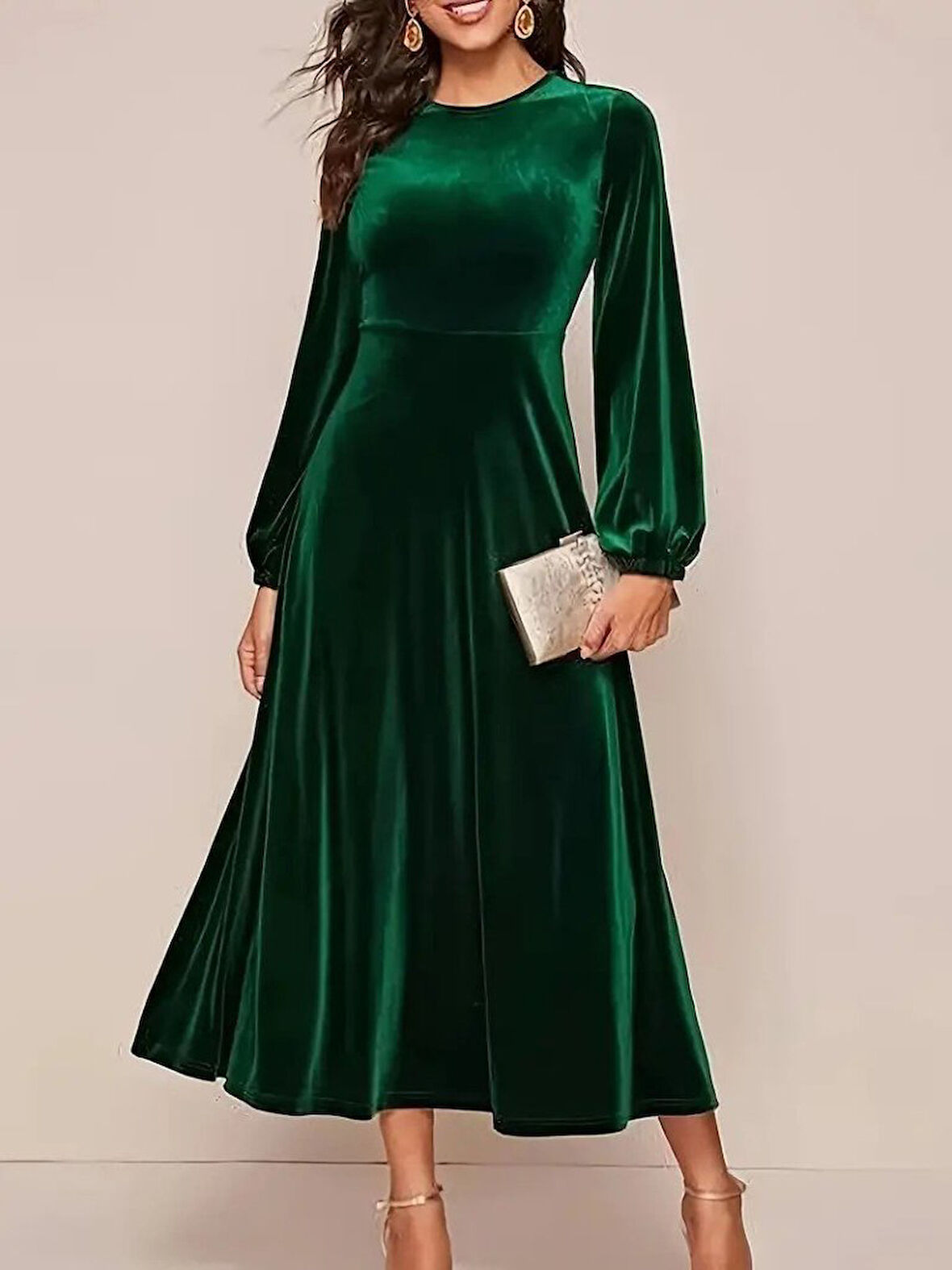 TUA MODA Kadın Uzun Kollu Bisiklet Yaka Midi Kadife Elbise