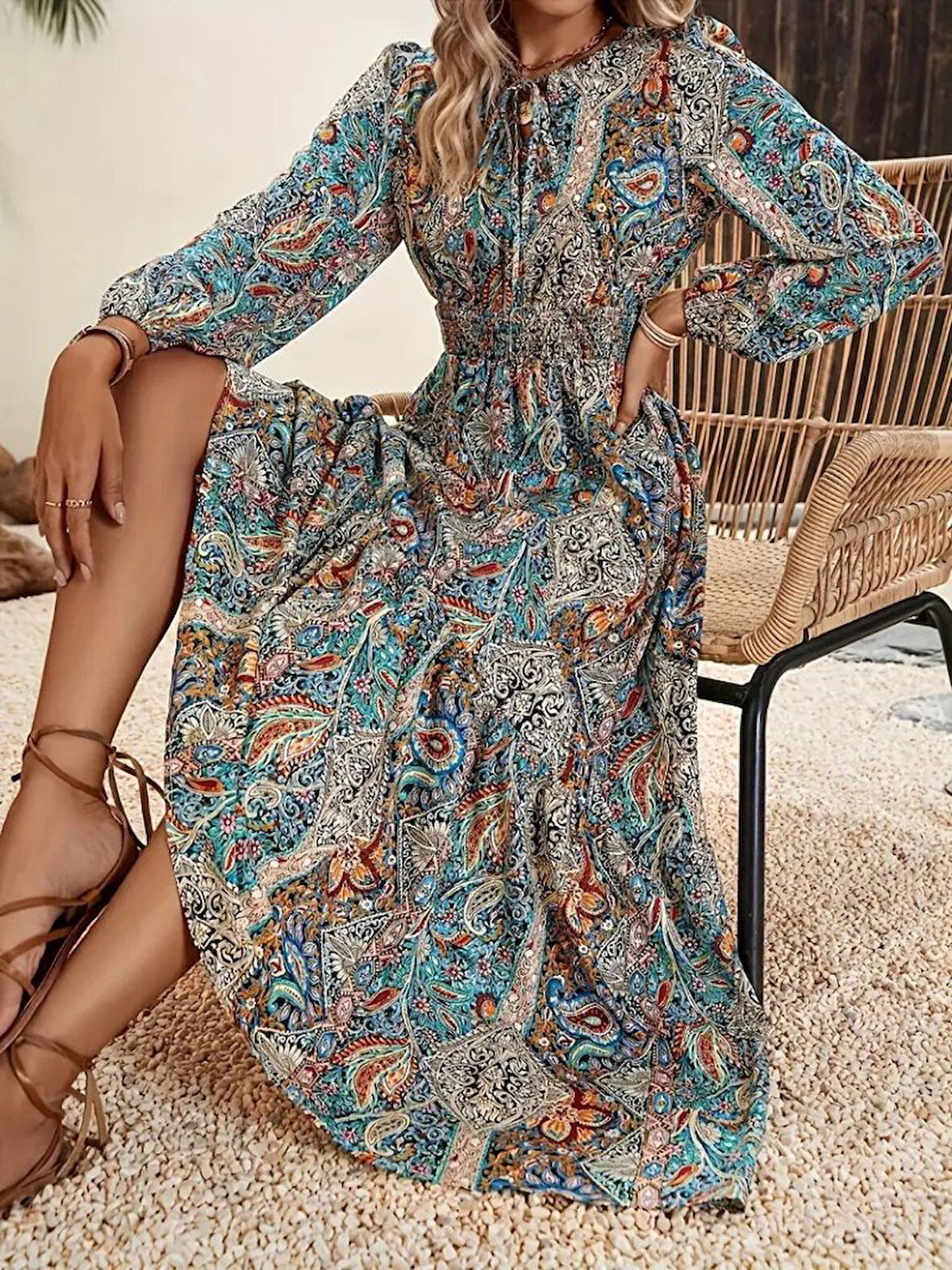TUA MODA Kadın Uzun Kollu Uakadabağcıklı Beli Lastikli Desenli Uzun Süprem Elbise