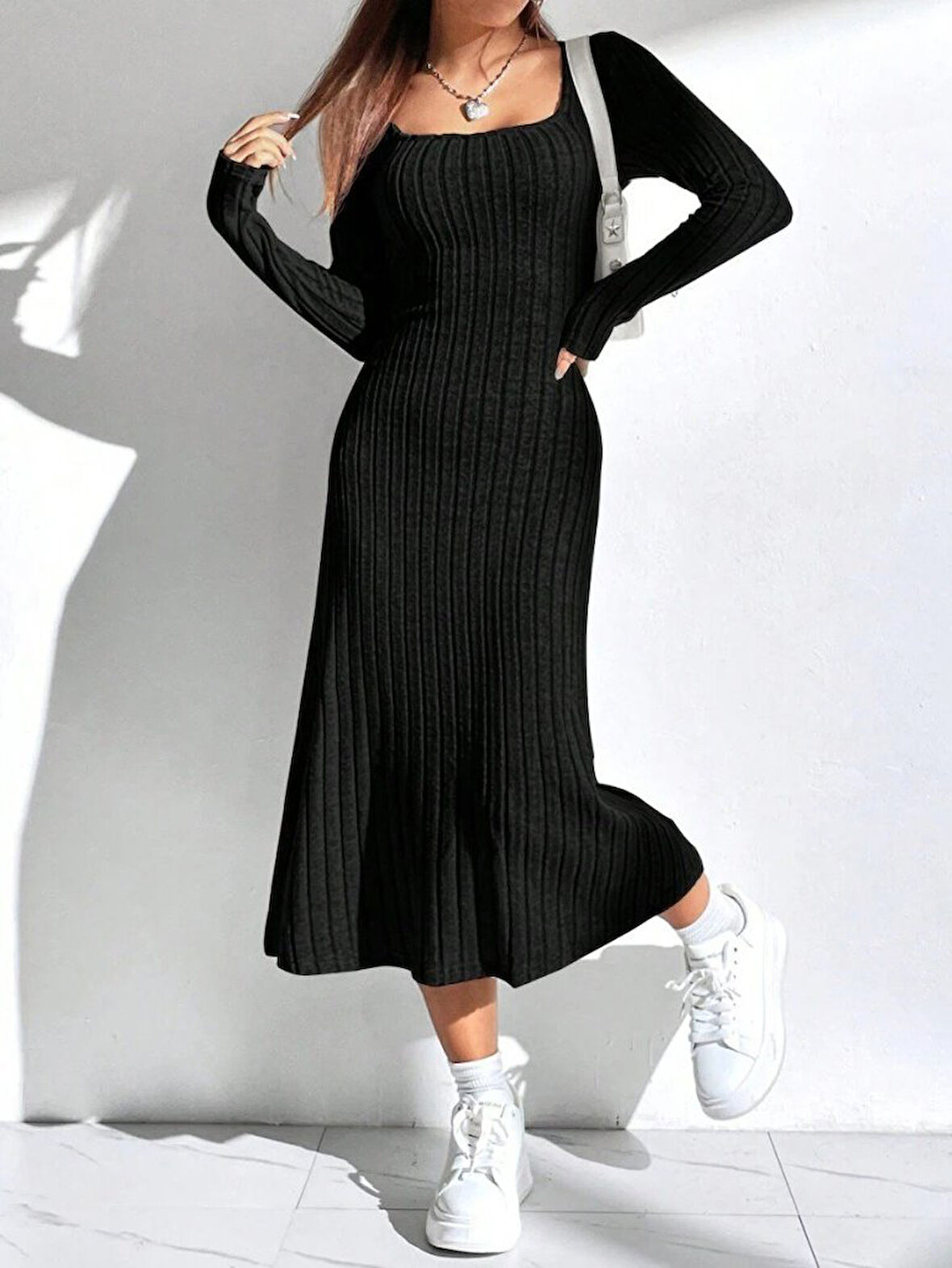 TUA MODA Kadın Uzun Kollu Kare Yaka Midi Kaşkorse Elbise