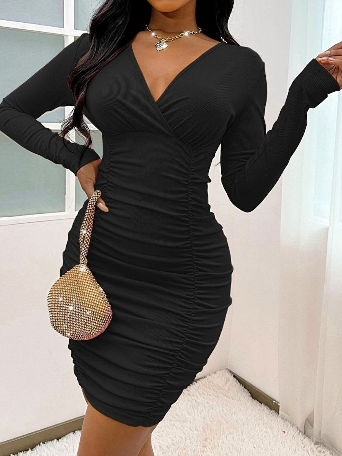 TUA MODA Kadın Uzun Kollu Kruvaze Yaka Sandy Mini Elbise