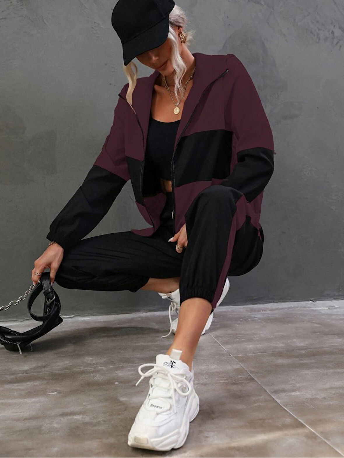 TUA MODA Kadın Uzun Kollu Kapşonlu önden Fermuarlı Viskon Iki Iplik Bluz Ve Pantolon Ikili Takım