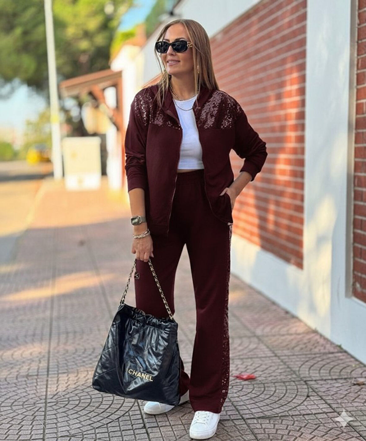 TUA MODA Kadın Uzun Kollu önden Fermuarlı Pul Payetli Alt üst Viskon Iki Iplik Takım