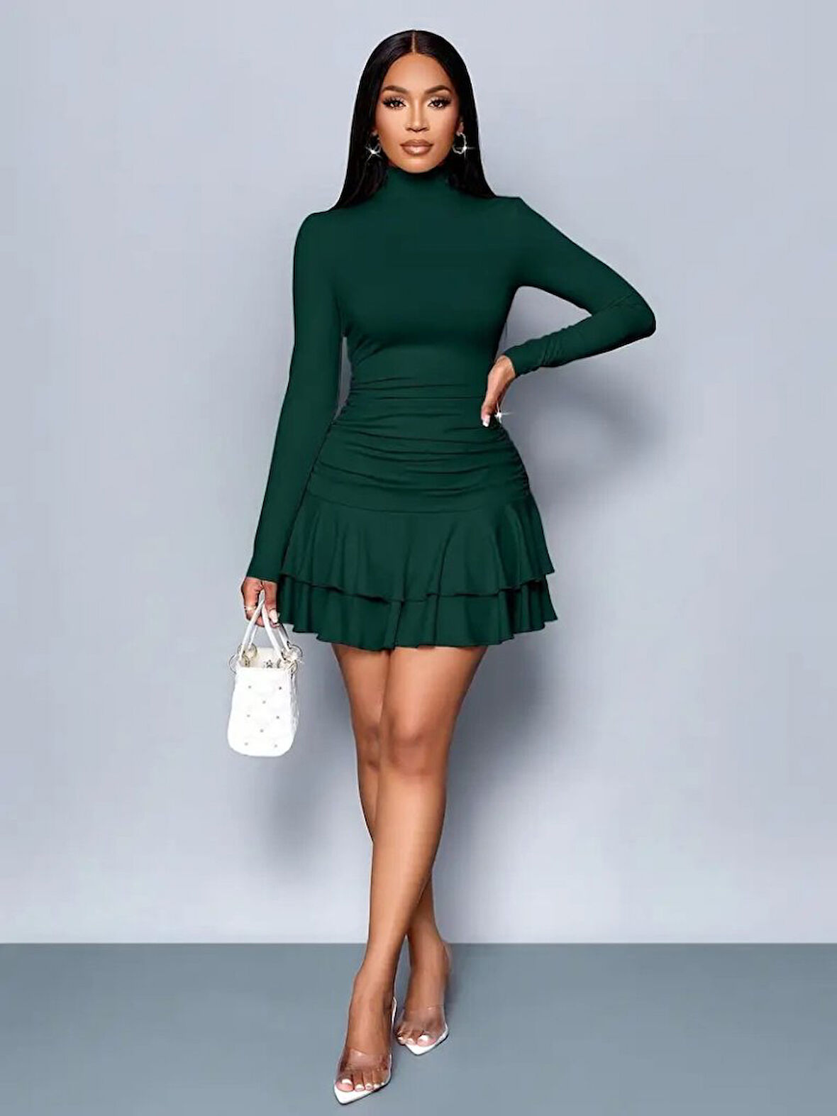 TUA MODA Kadın Uzun Kollu Balıkçı Yaka Mini Fırfırlı Sandy Elbise