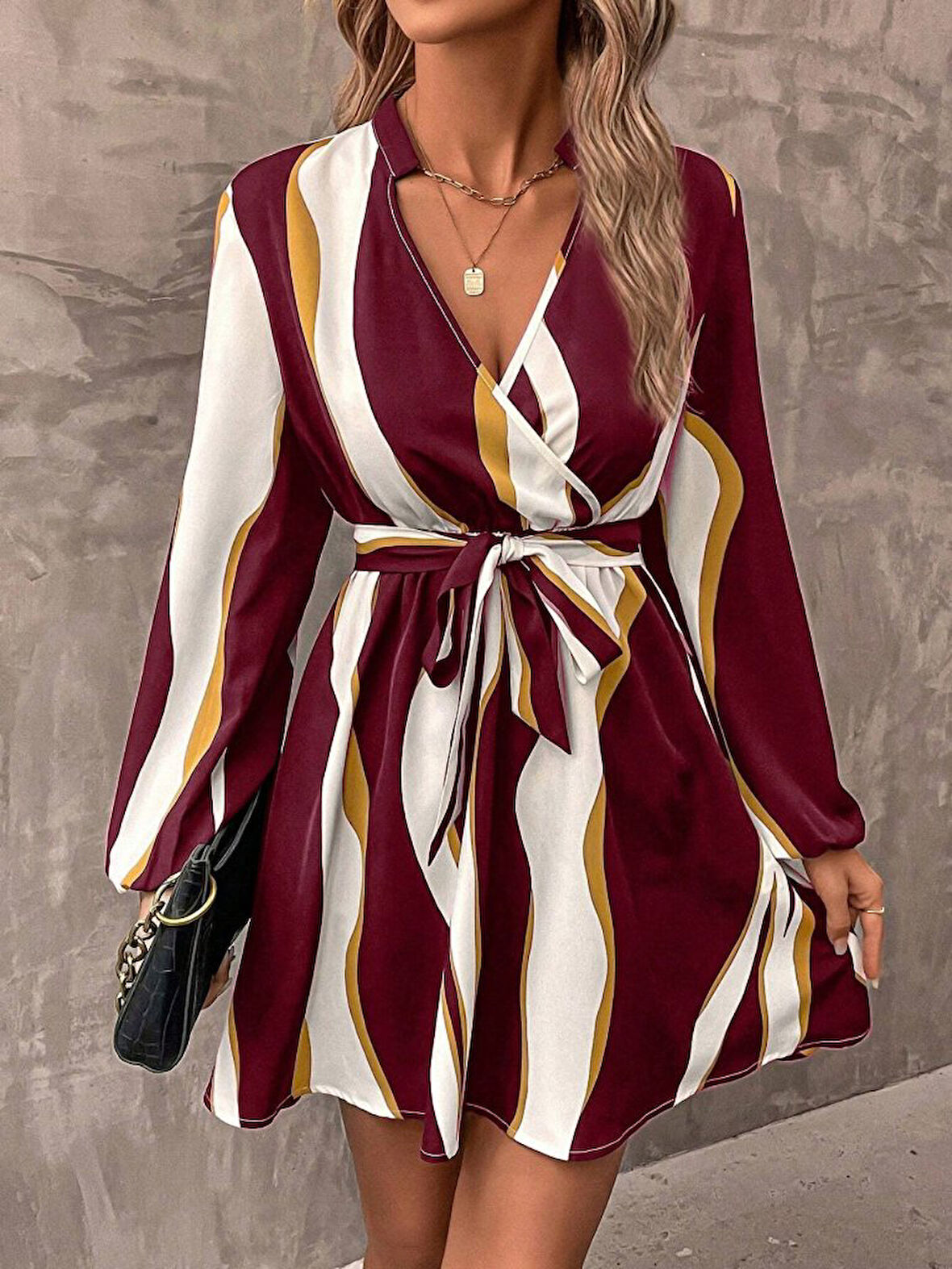 TUA MODA Kadın Uzun Kollu Kruvaze Yakalı Desenli Modal Mini Elbise