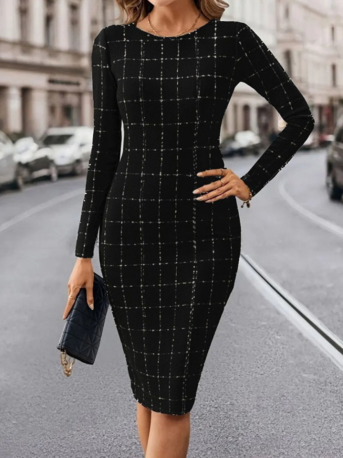 TUA MODA Kadın Uzun Kollu Yuvarlak Yaka Mini Dokuma Elbise