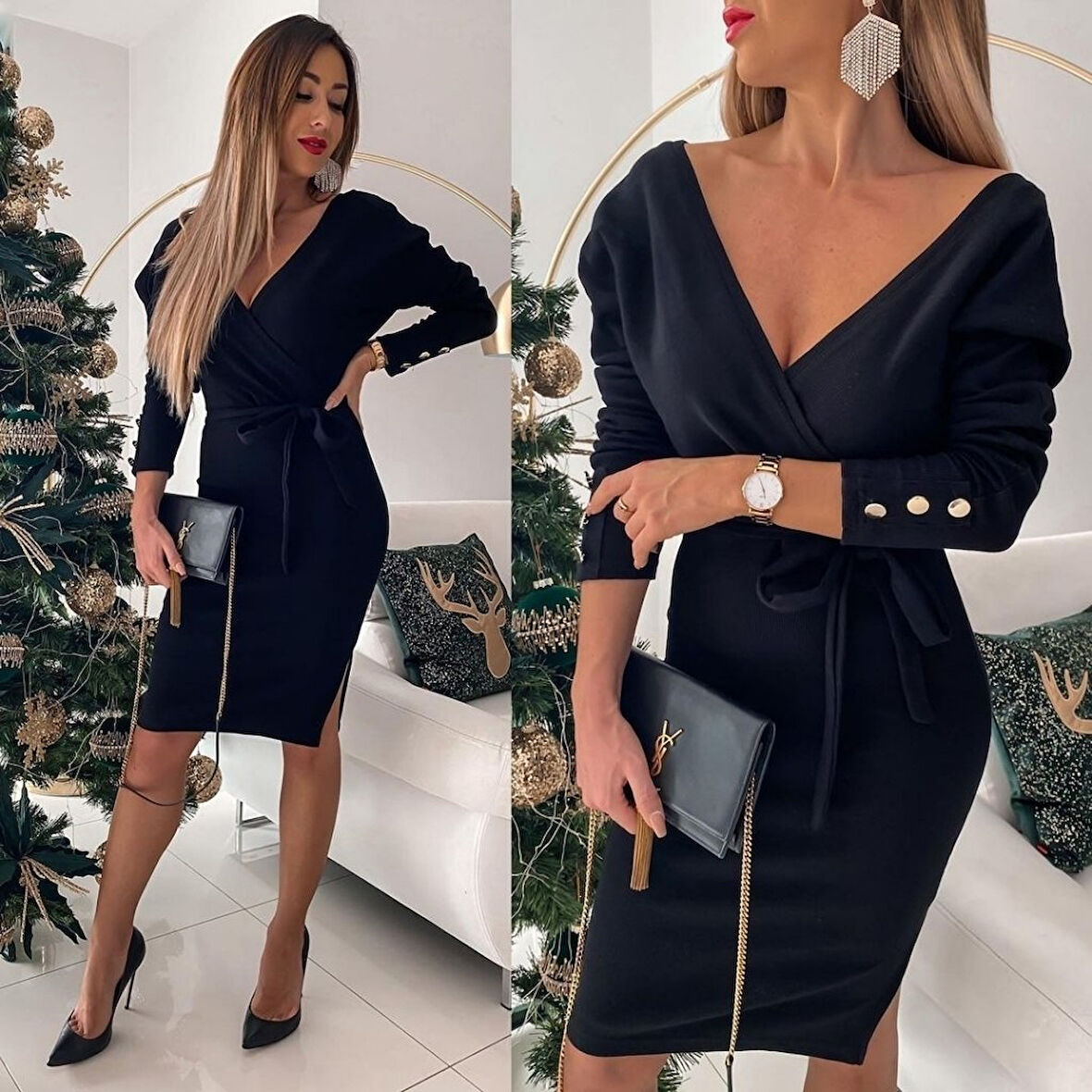 TUA MODA Kadın Uzun Kollu Kruvaze Yaka Bağcık Detay Akrilik Mini Boy Elbise