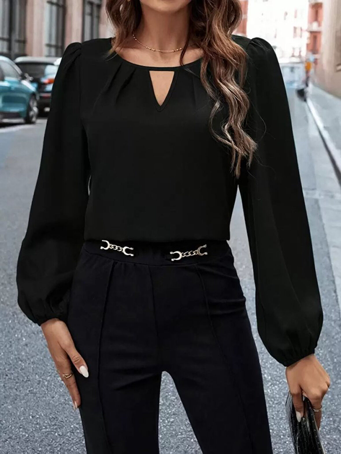 TUA MODA Kadın Uzun Kollu Damla Detaylı Ithal Krep Bluz