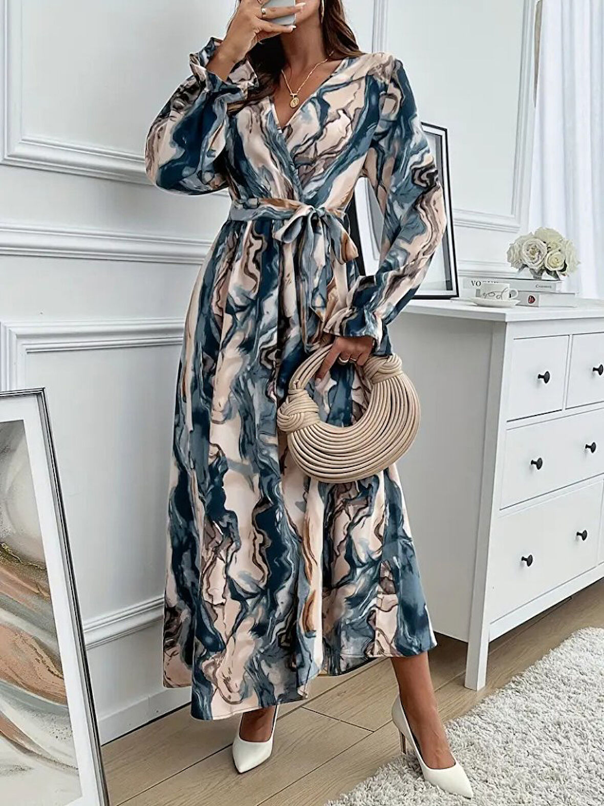 TUA MODA Kadın Uzun Kollu Kruvaze Yakalı Beli Kuşaklı Desenli Süprem Maxi Elbise