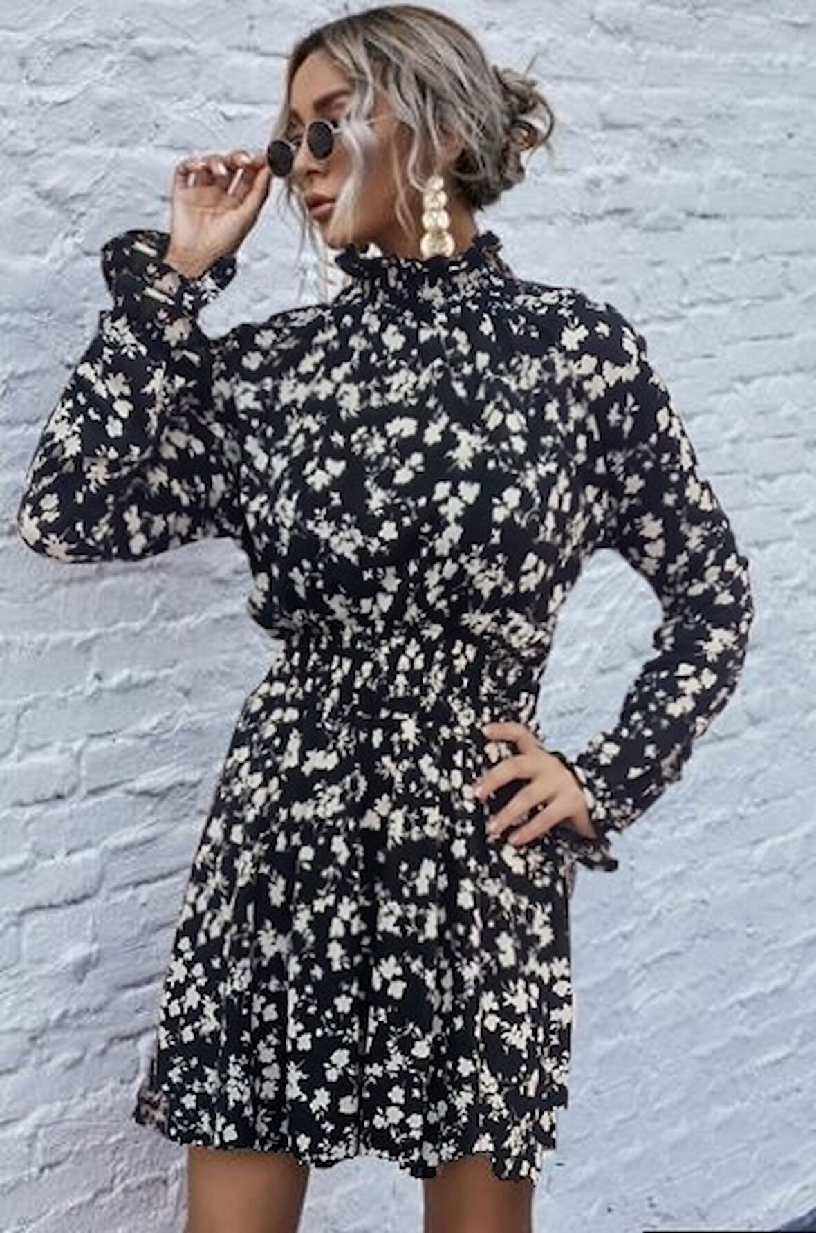 TUA MODA Kadın Uzun Kollu Balıkçı Yaka çiçek Baskılı Helen Kumaş Elbise