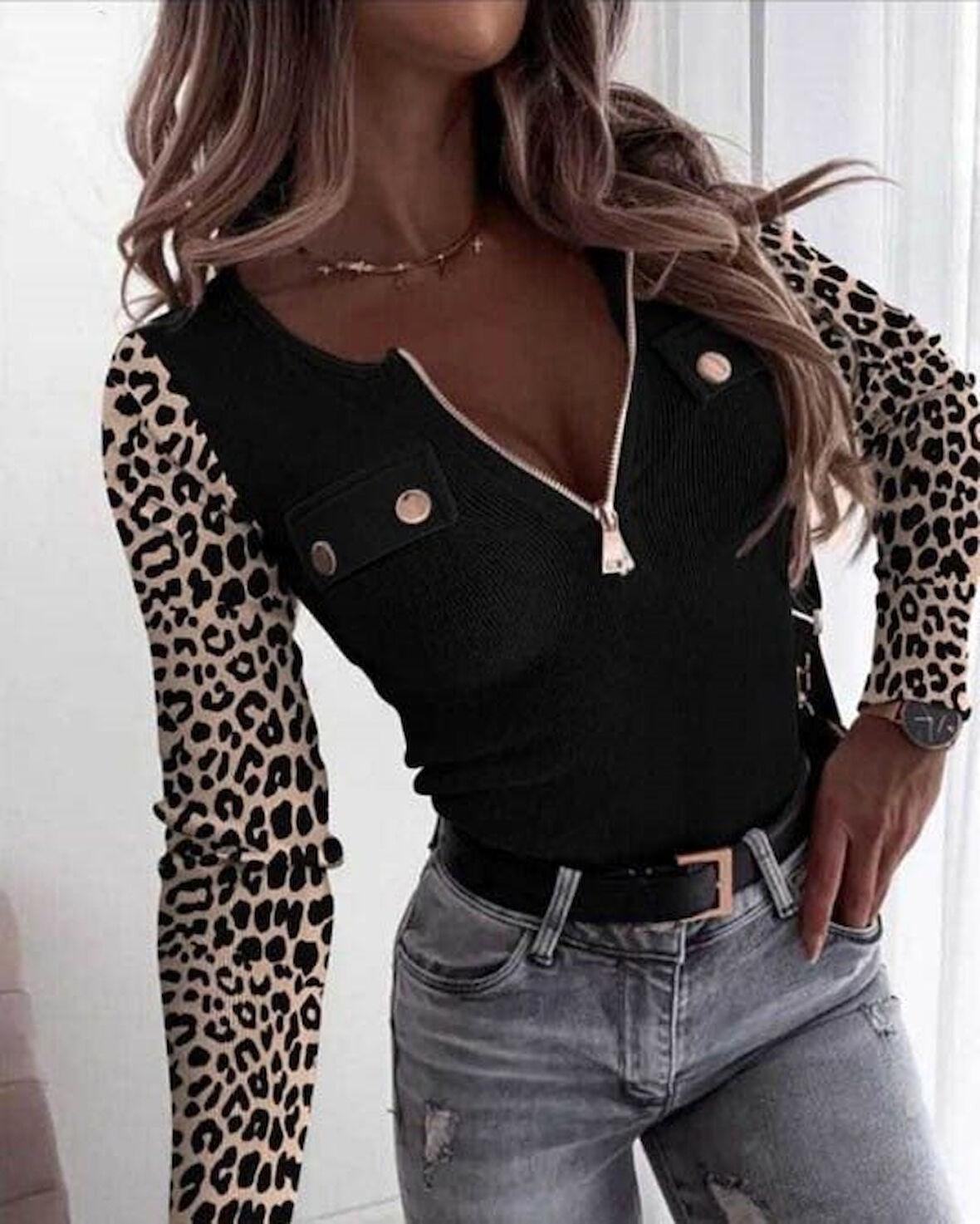 TUA MODA Kadın Uzun Kollu Leopar Desenli Fermuarlı önden Cep Ve Düğme Detaylı Kaşkorse Bluz