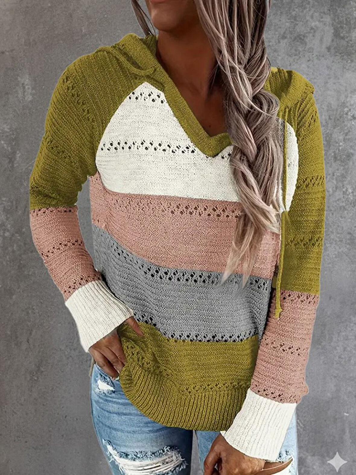 TUA MODA Kadın Uzun Kollu V Yakalı Bağcıklı Kapşonlu Triko Bluz