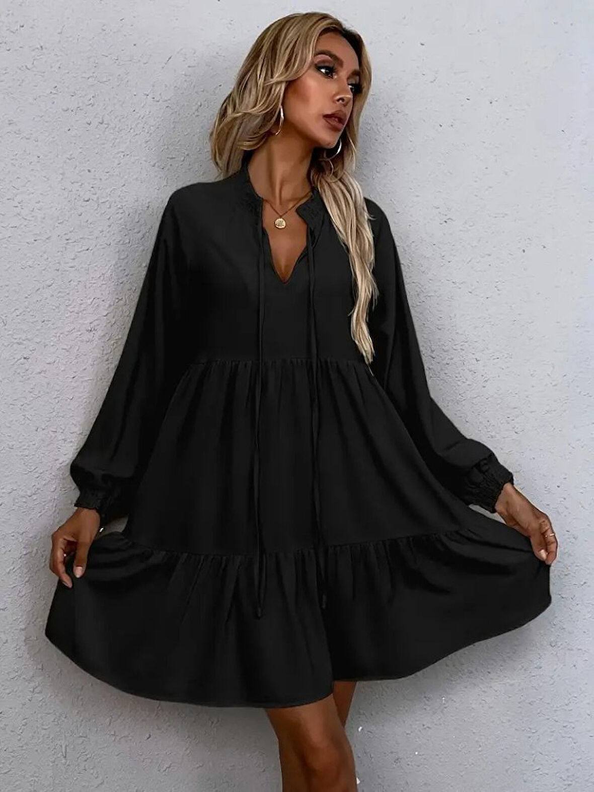 TUA MODA Kadın Uzun Kollu Yakadan Bağcıklı Fırfırlı Keten Mini Elbise