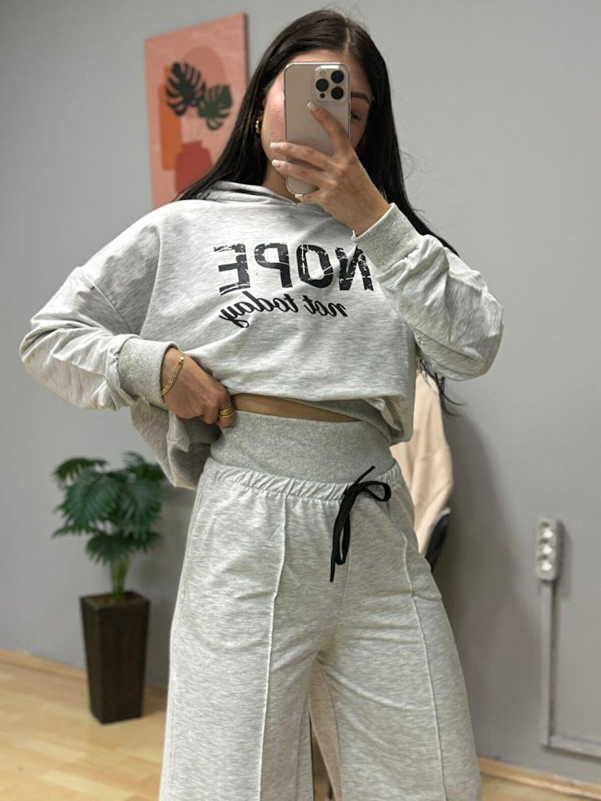 TUA MODA Kadın Uzun Kollu Nope Baskılı Beli Ribanalı Ikili Takım