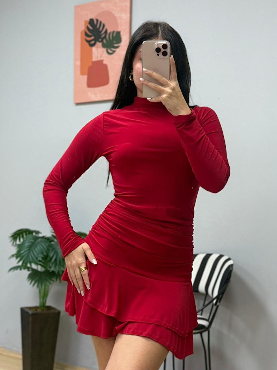 TUA MODA Kadın Uzun Kollu Balıkçı Yaka Mini Fırfırlı Sandy Elbise