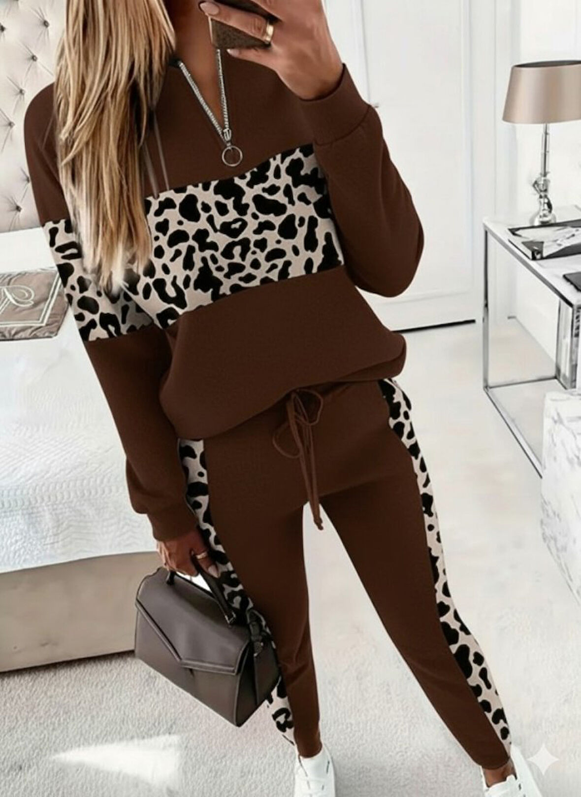 TUA MODA Kadın Uzun Kollu Fermuarlı Karışık Desenli Viskon Iki Iplik Bluz Ve Pantolon Ikili Takım