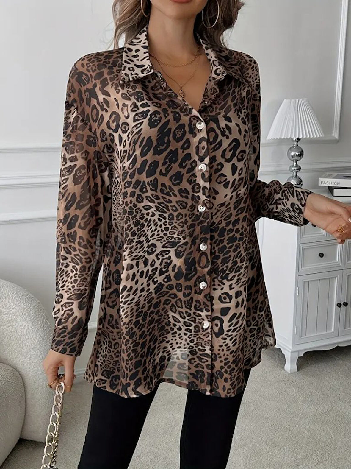 TUA MODA Kadın Uzun Kollu Yakalı önden Düğmeli şifon Gömlek