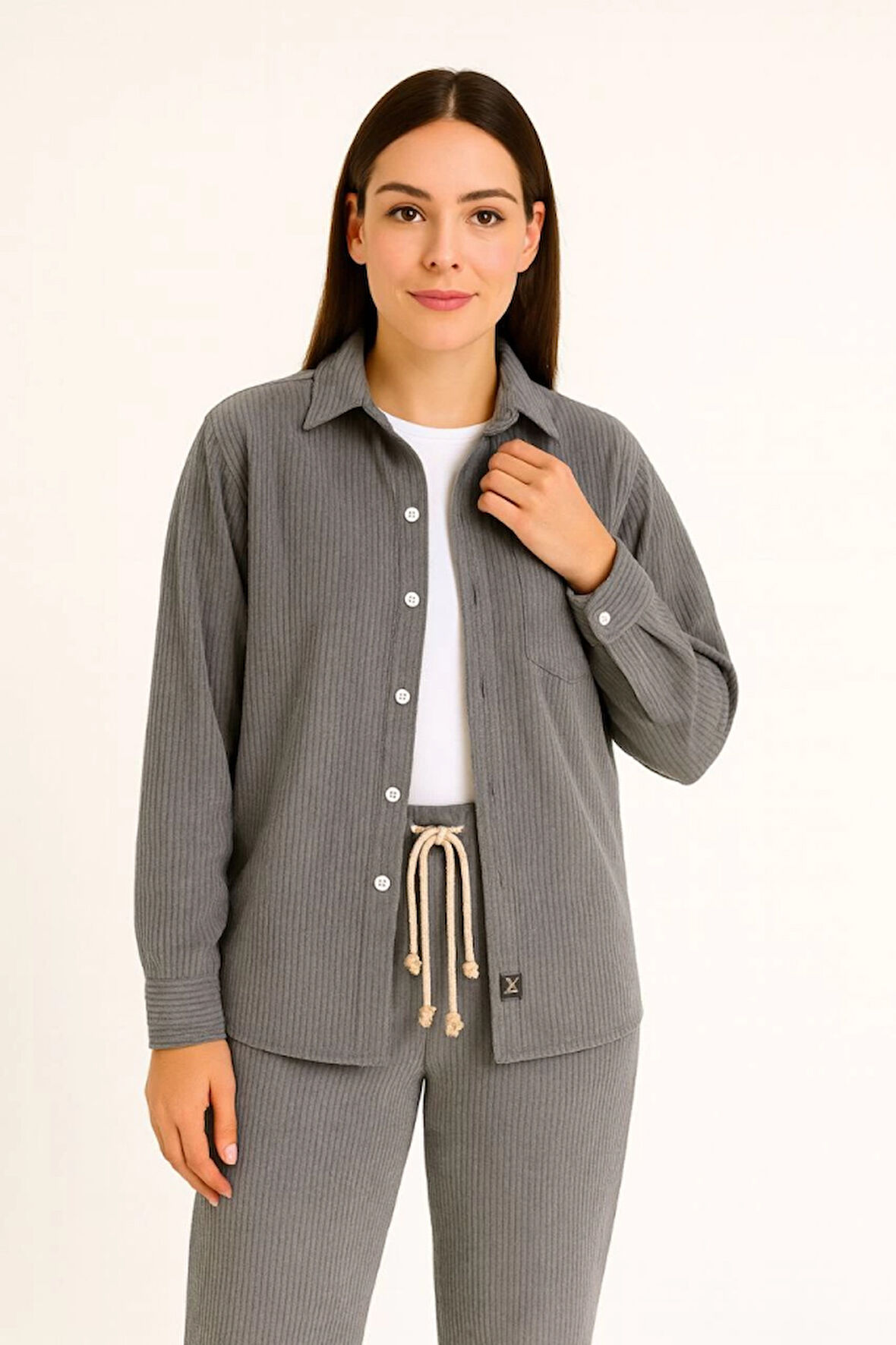 TUA MODA Kadife Oversize Takım – Gömlek Ve Pantolon İkili Set Füme Corduroy Şıklığı, Rahat Ve Zarif 