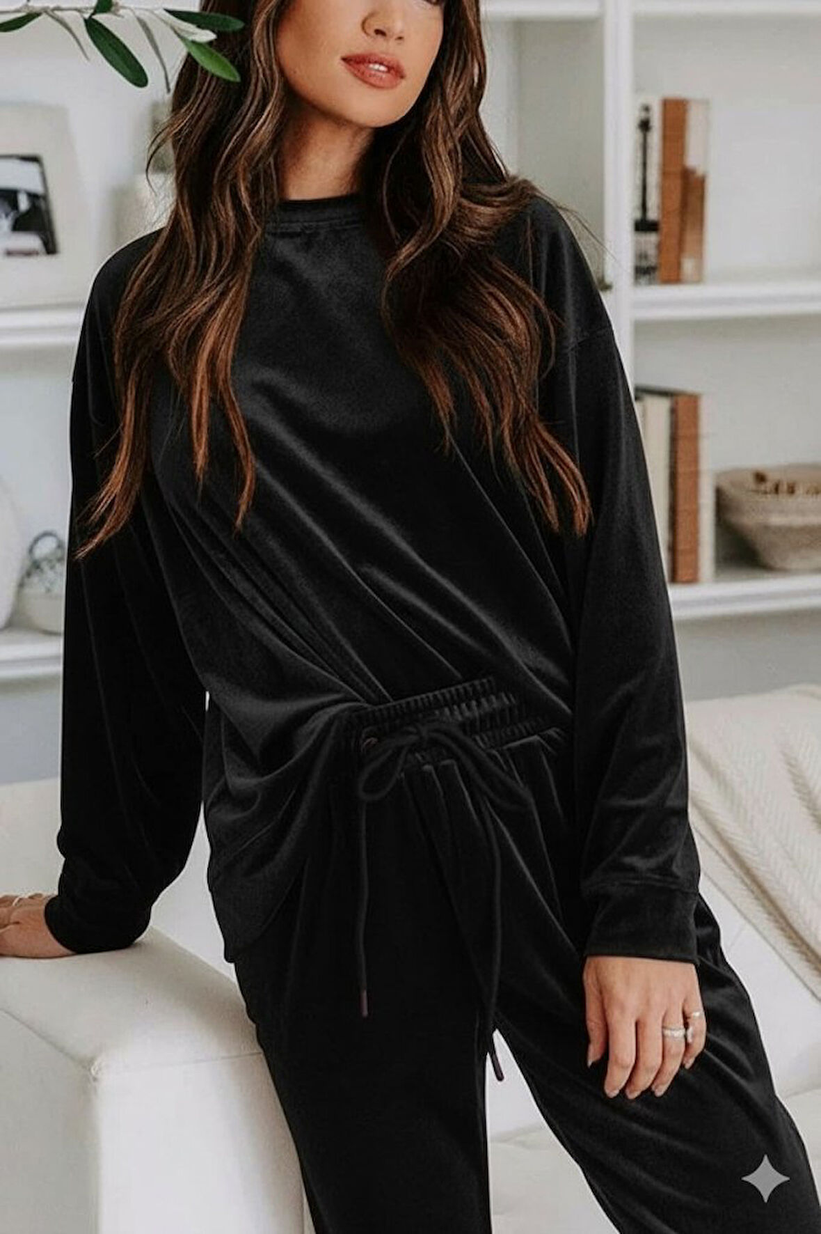 TUA MODA Kadın Uzun Kollu Yuvarlak Yakalı Kadife Bluz Ve Pantolon Takım