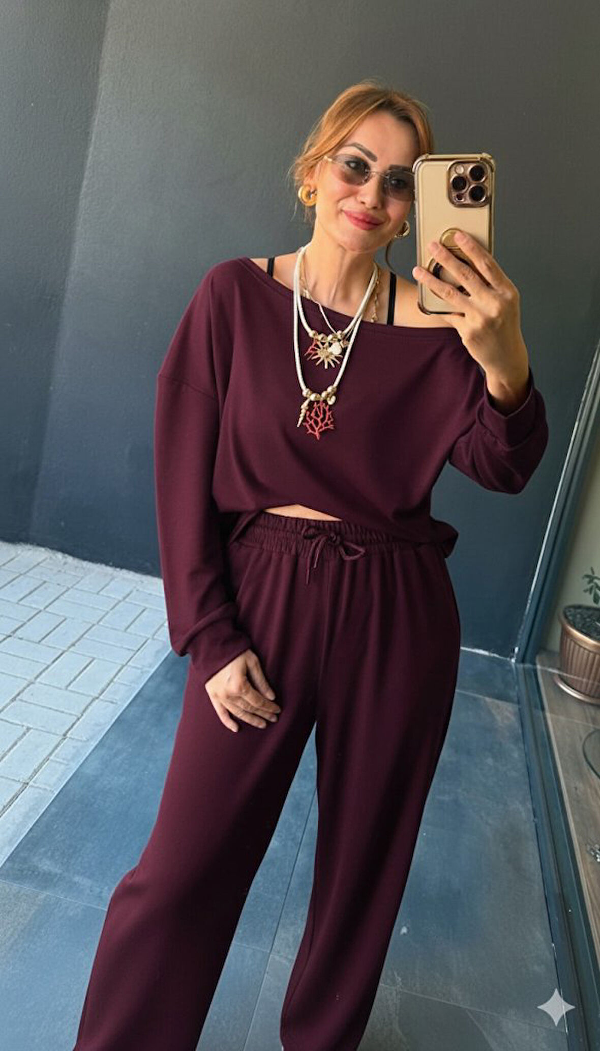 TUA MODA Kadın Uzun Kollu Tek Omuzdan Açık Viskon Iki Iplik Bluz Ve Pantolon Ikili Takım