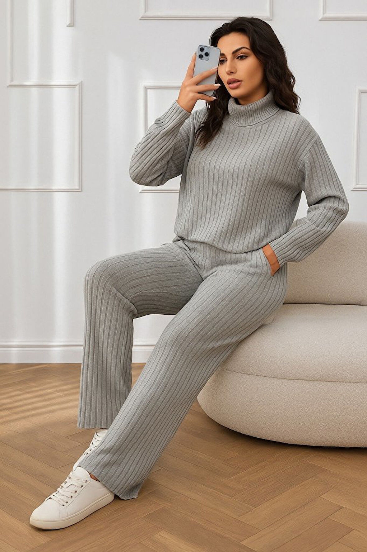 TUA MODA Kadın Uzun Kollu Balıkçı Yaka şardonlu Bluz Ve Pantolon Ikili Takım