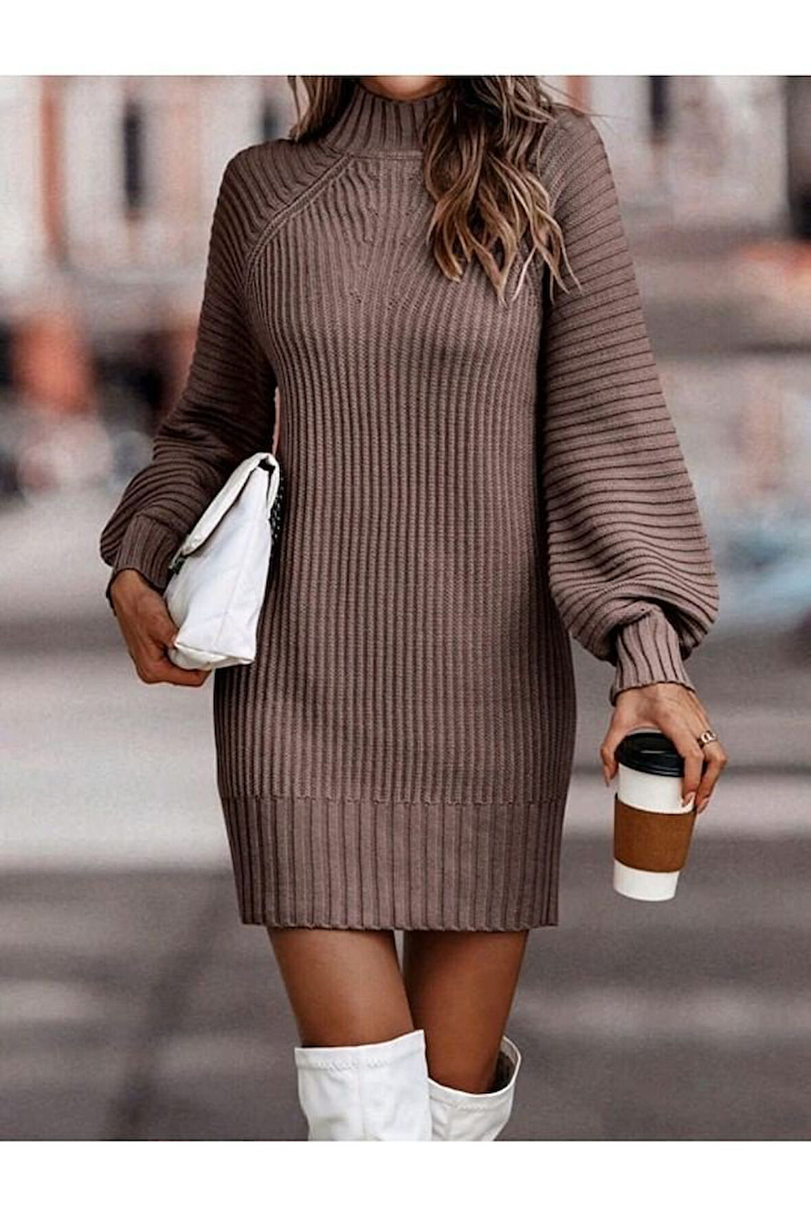 TUA MODA Kadın Uzun Kollu Balıkçı Yaka Mini Triko Elbise