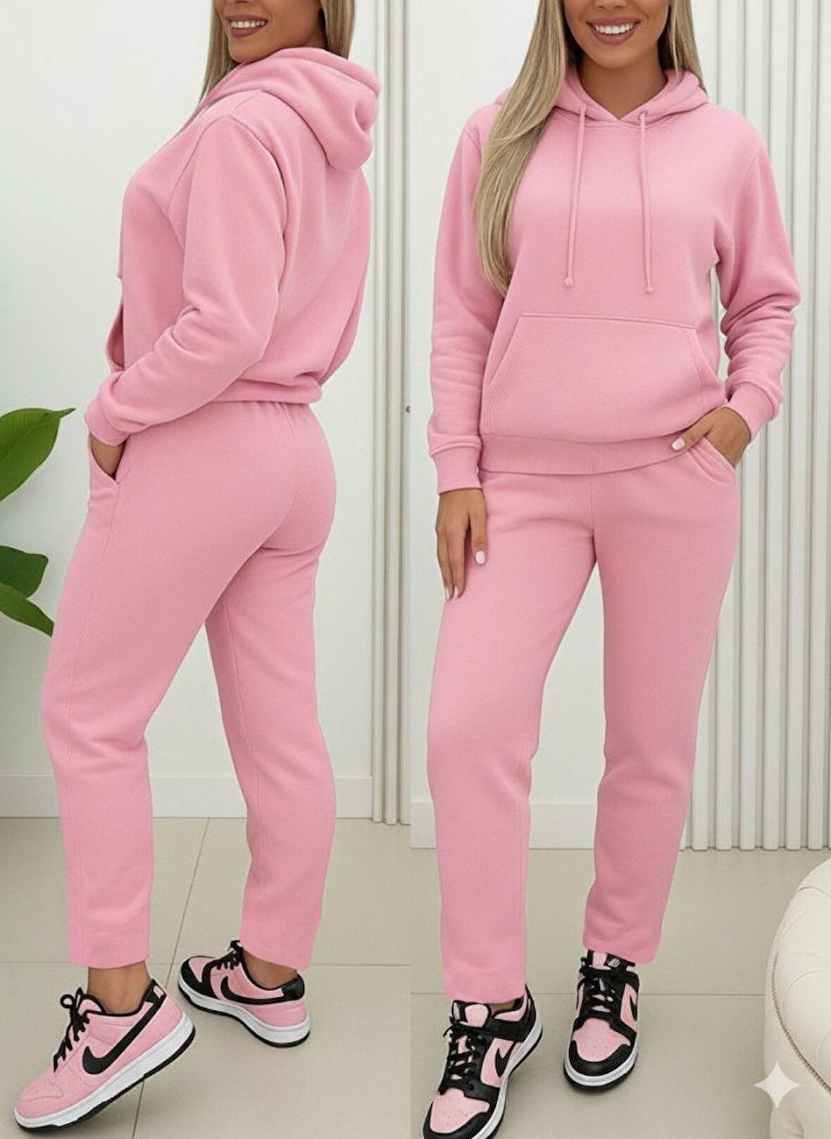 TUA MODA Kadın Uzun Kollu Kapşonlu Bağcıklı üç Iplik Bluz Ve Pantolon Ikili Takım