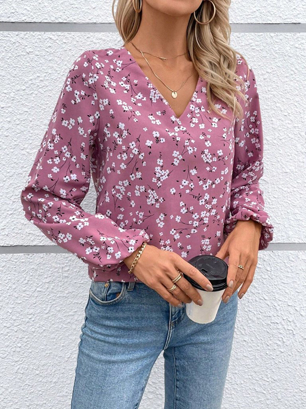 TUA MODA Kadın Uzun Kollu V Yakalı çiçek Desenli Modal Bluz