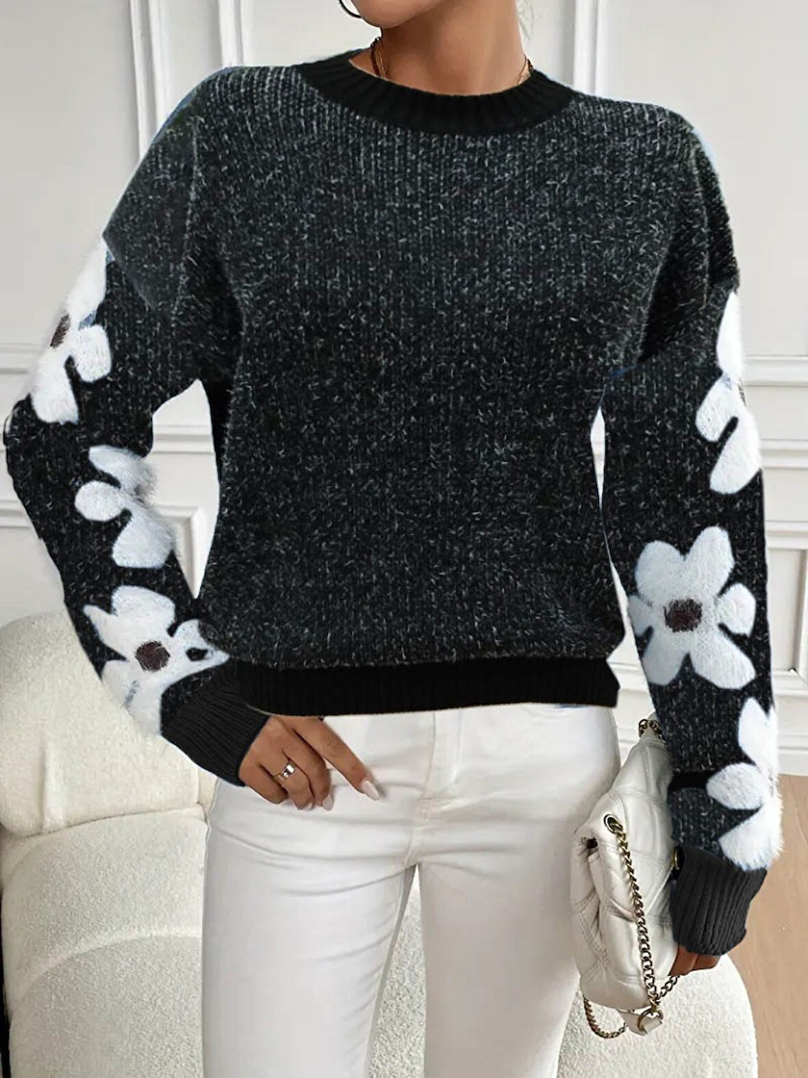 TUA MODA Kadın Uzun Kollu Bisiklet Yaka çiçek Desenli Triko Bluz