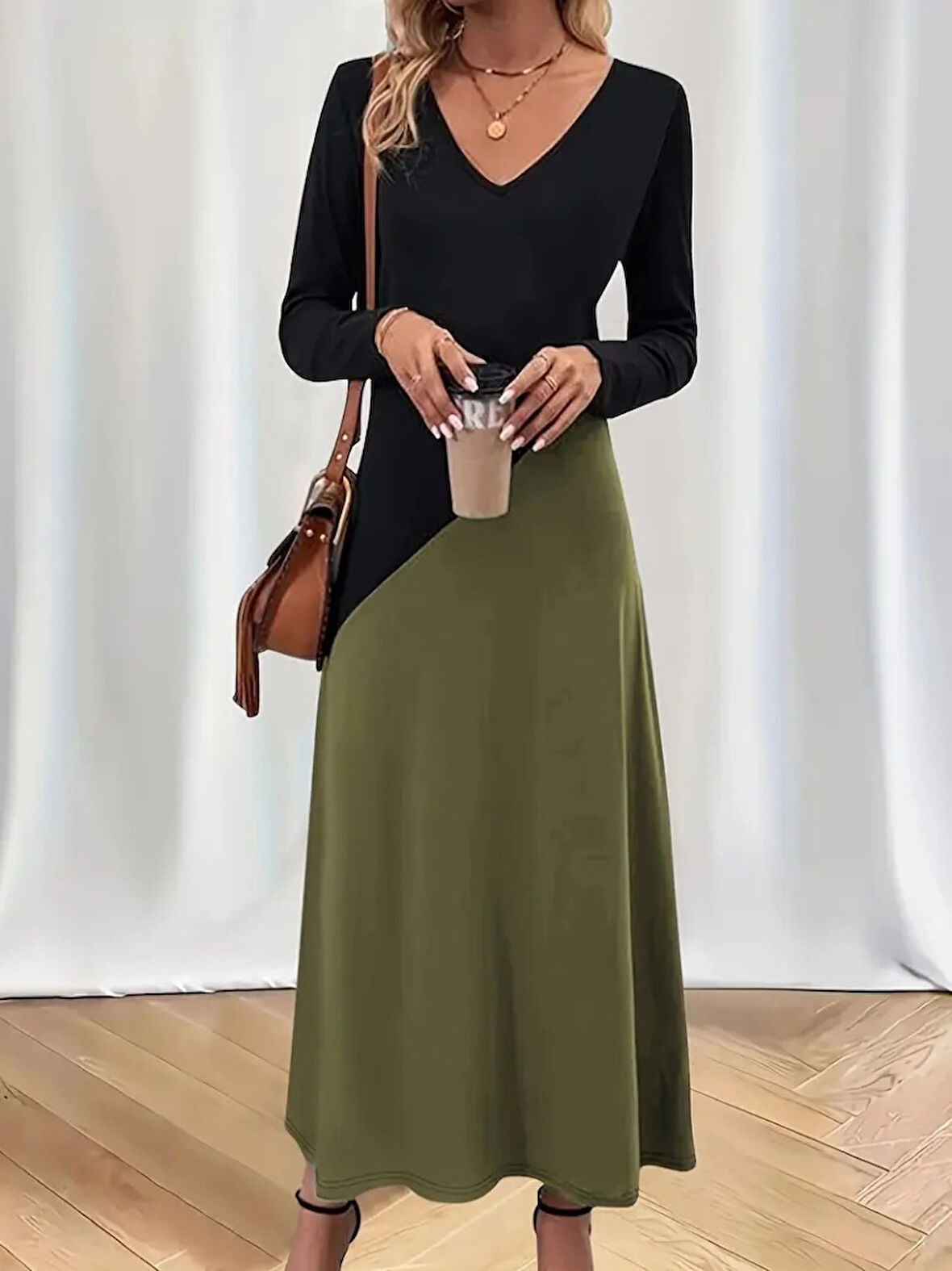 TUA MODA Kadın Uzun Kollu V Yakalı Blok Desenli Viskon Elbise