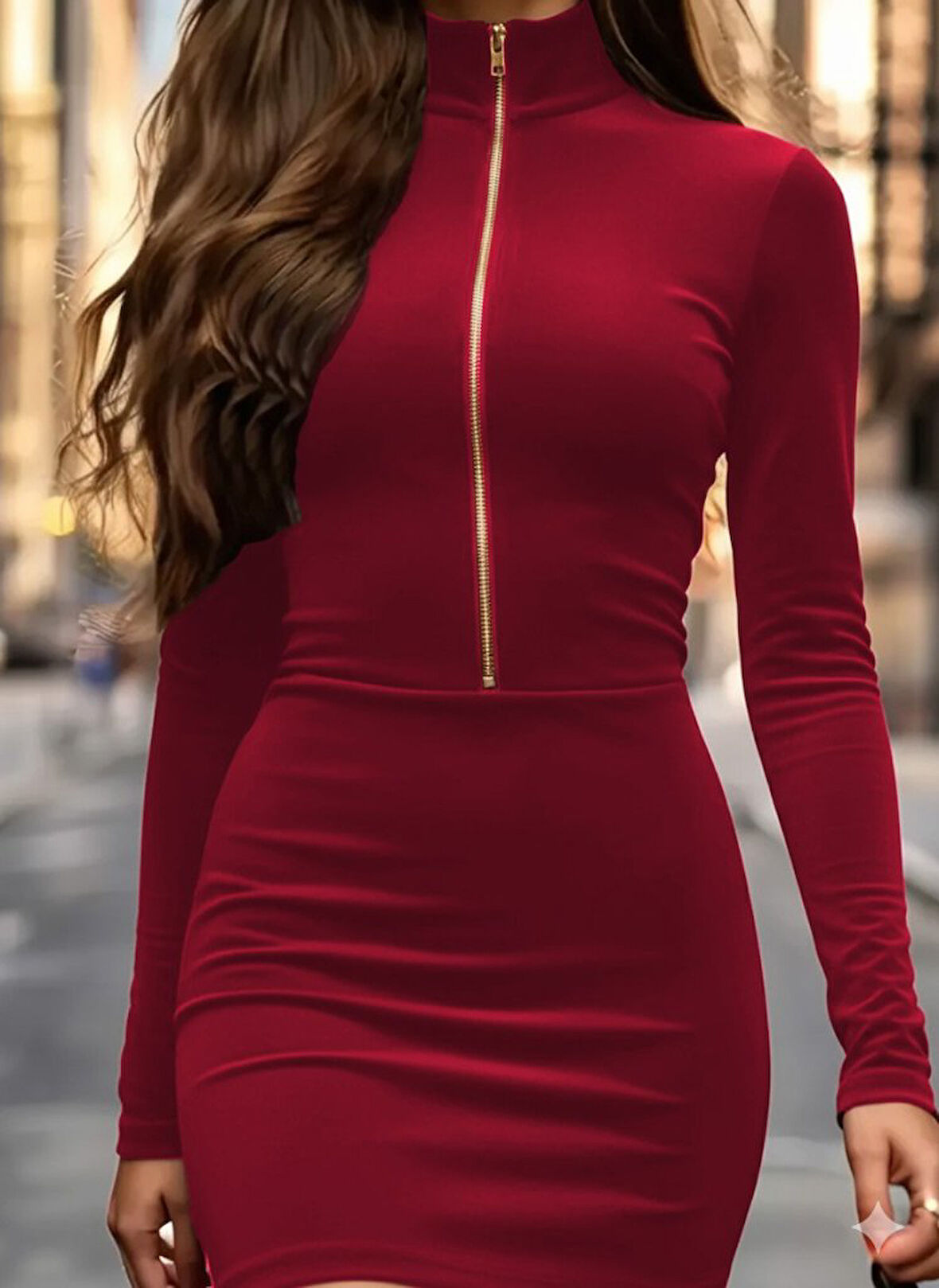 TUA MODA Kadın Uzun Kollu Balıkçı Yaka Yakadan Göğüse Kadar Fermuar Detaylı Mini Kadife Elbise