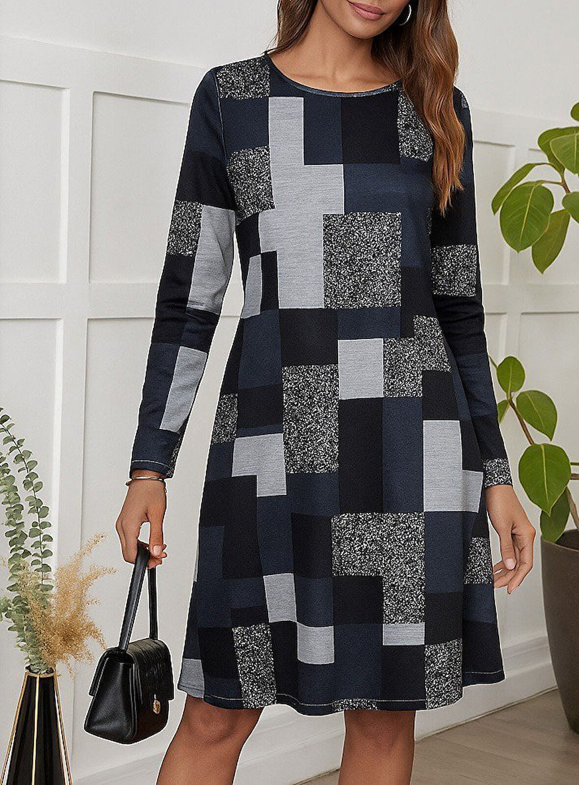 TUA MODA Kadın Uzun Kollu Yuvarlak Yaka Geometrik Süprem Elbise