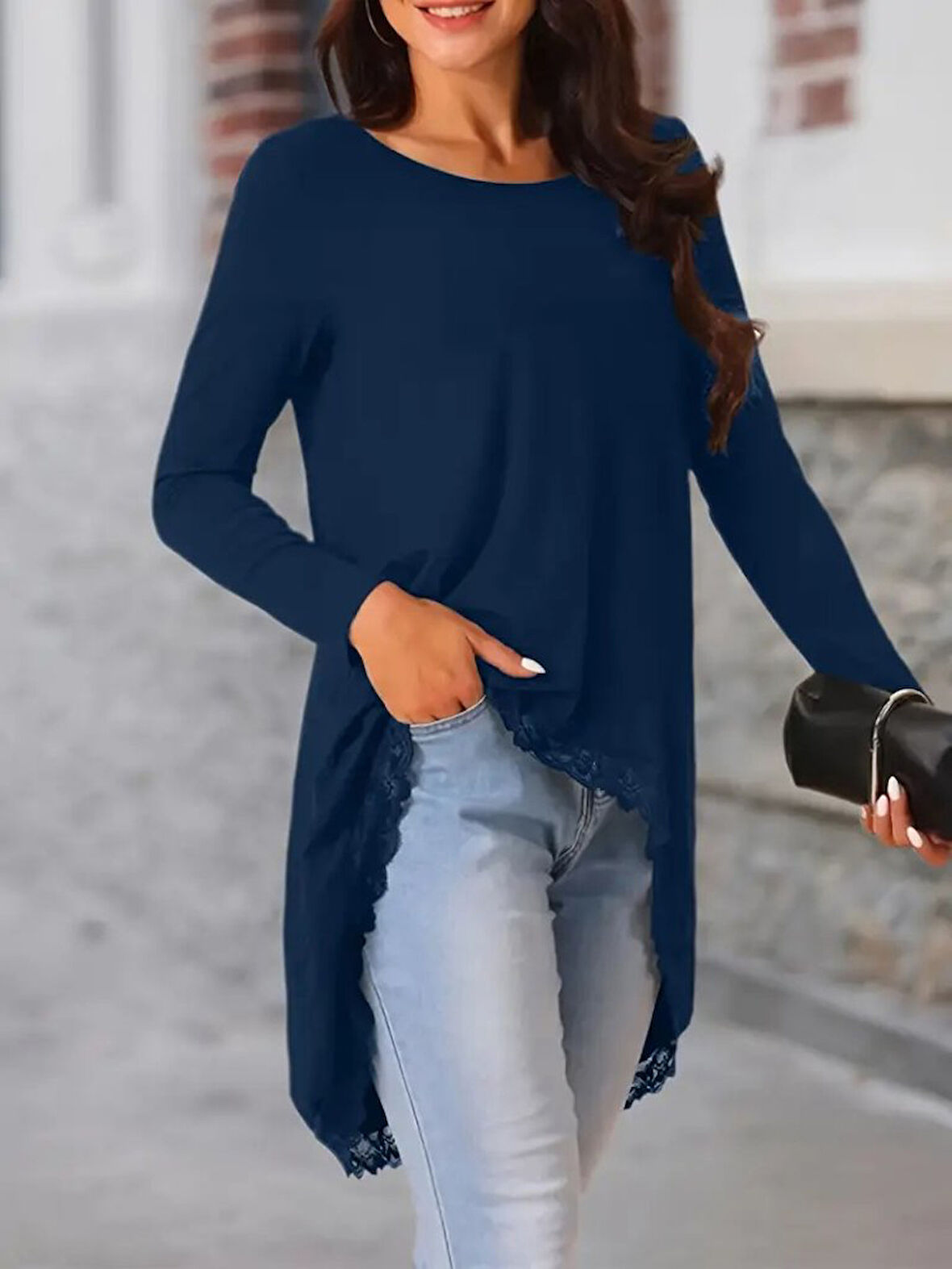 TUA MODA Kadın Uzun Kollu Bisiklet Yaka Asimetrik Kesim Detaylı Dantelli Viskon Bluz