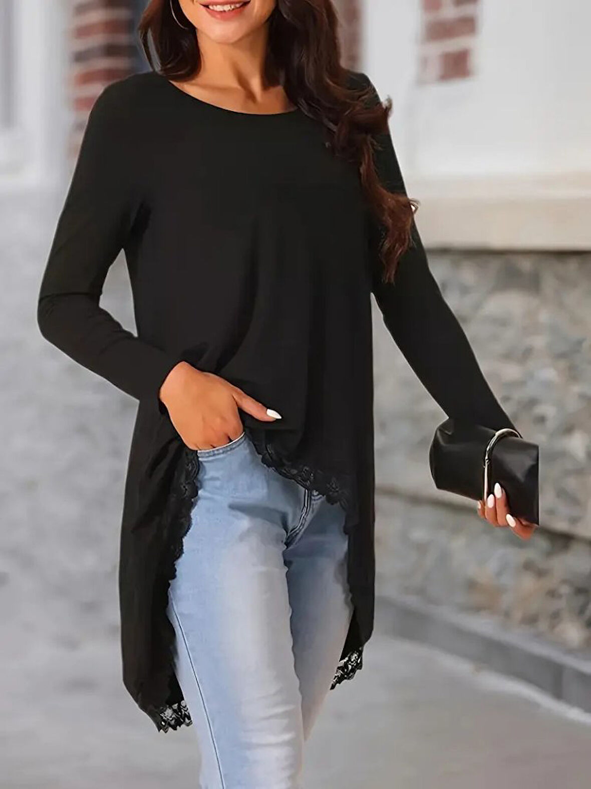 TUA MODA Kadın Uzun Kollu Bisiklet Yaka Asimetrik Kesim Detaylı Dantelli Viskon Bluz