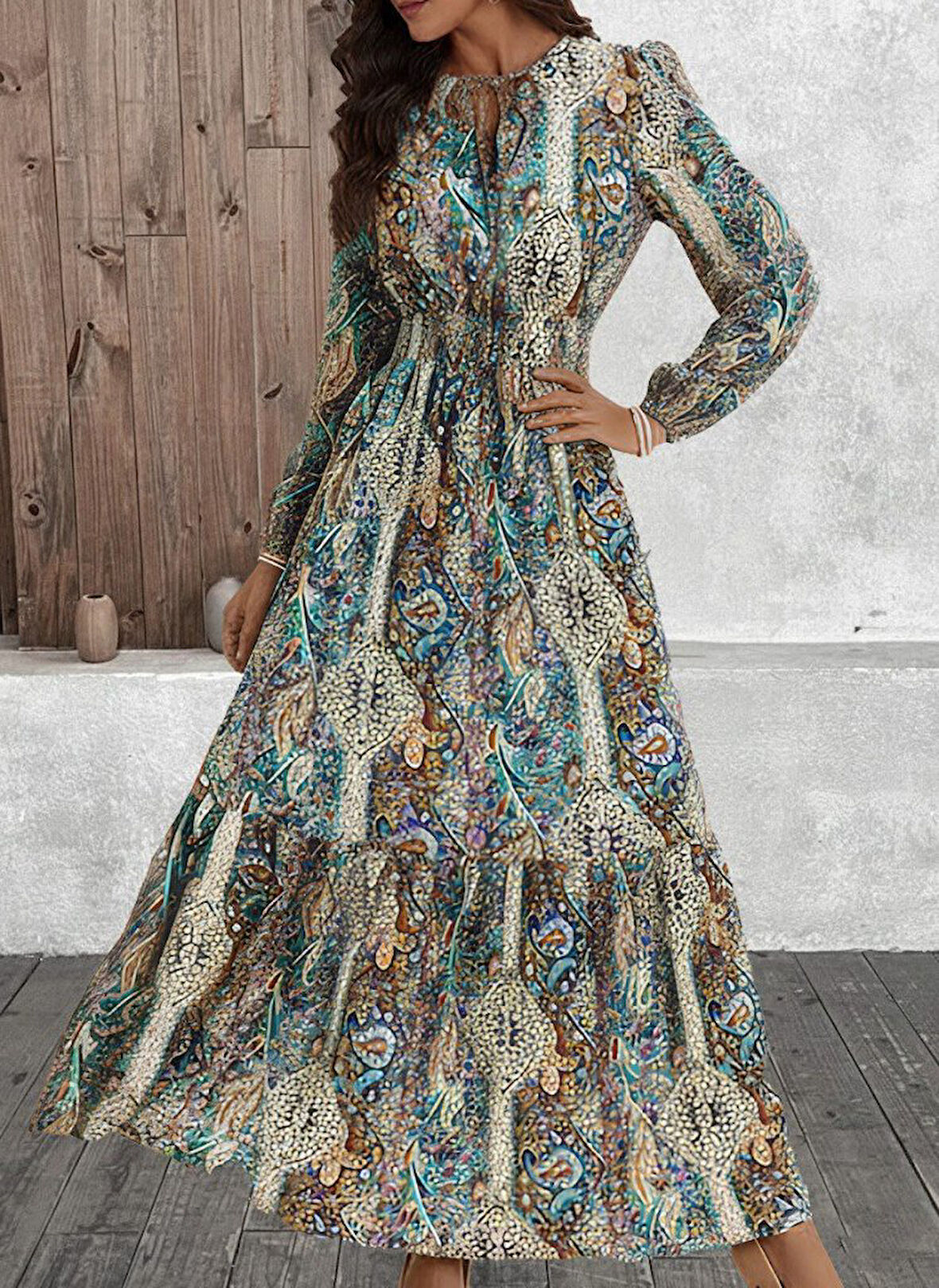 TUA MODA Kadın Uzun Kollu Uakadabağcıklı Beli Lastikli Desenli Uzun Süprem Elbise