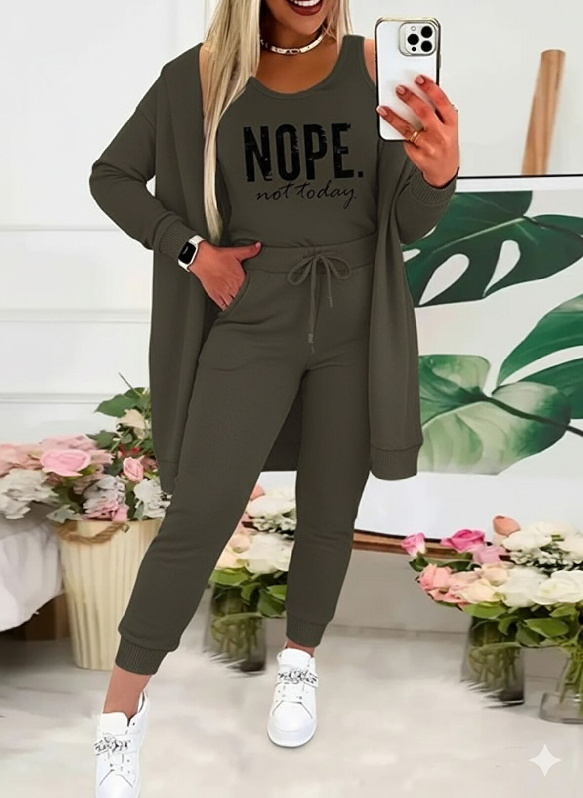 TUA MODA Kadın Askılı Yuvarlak Yaka Yazılı Viskon Iki Iplik Bluz Ceket Ve Pantolon 3lü Takım