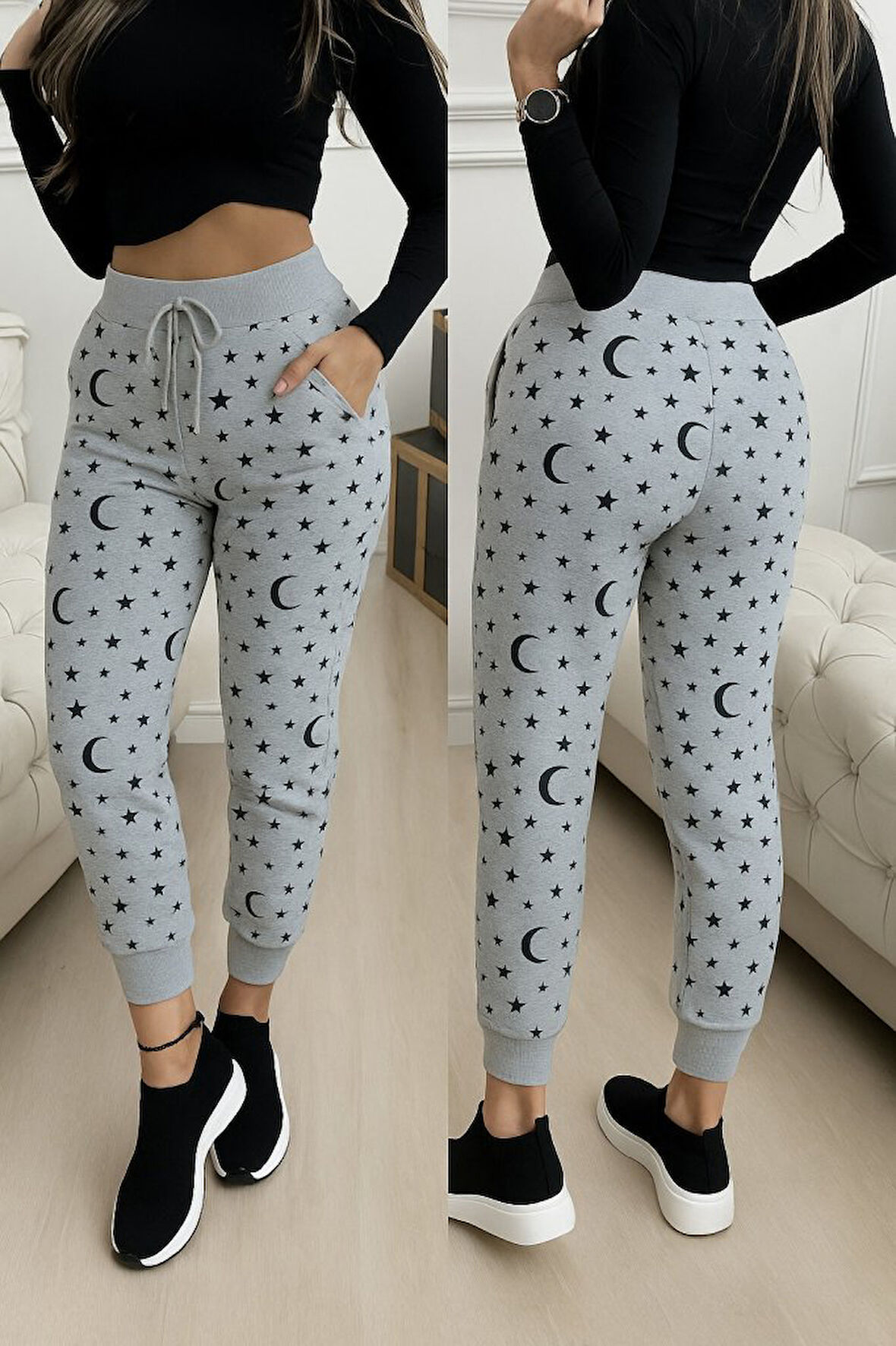 TUA MODA Kadın Yüksek Bel Bağcıklı Desenli Iki Iplik Pantolon