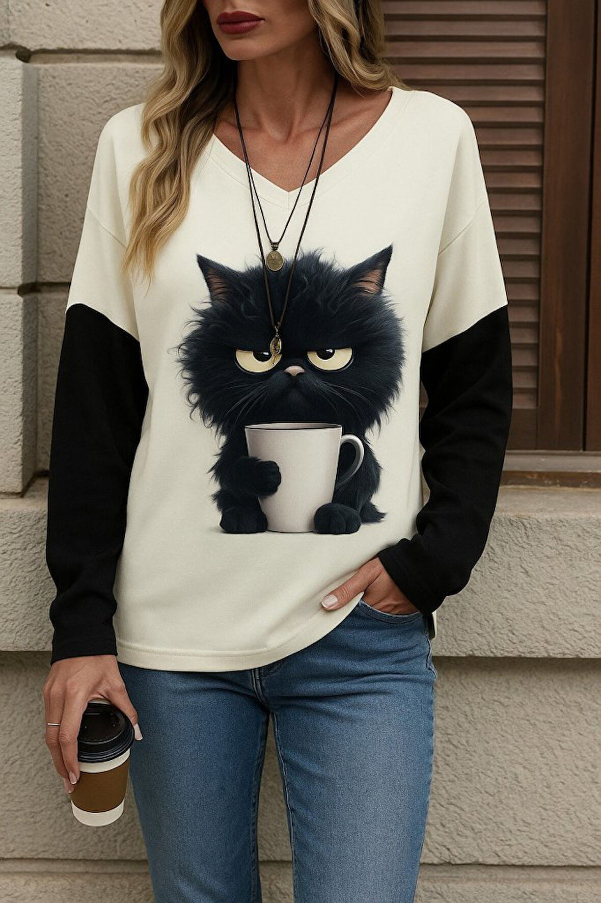 TUA MODA Kadın Uzun Kollu V Yakalı Kedi Baskılı şardonlu Dalgıç Bluz