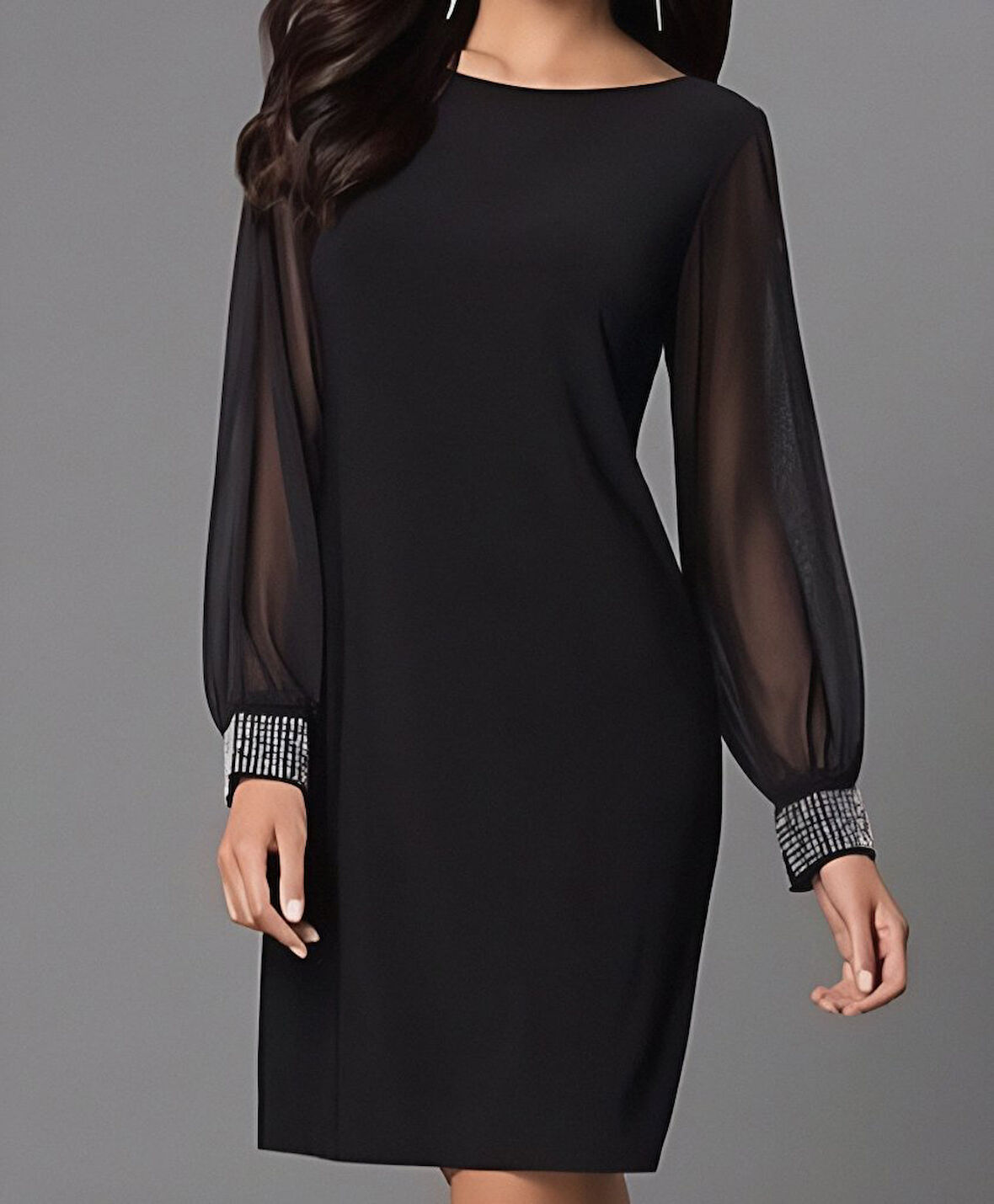 TUA MODA Kadın Uzun Kollu Bisiklet Yaka Kollar Tül Manşet Taş Işlemeli Krep Elbise