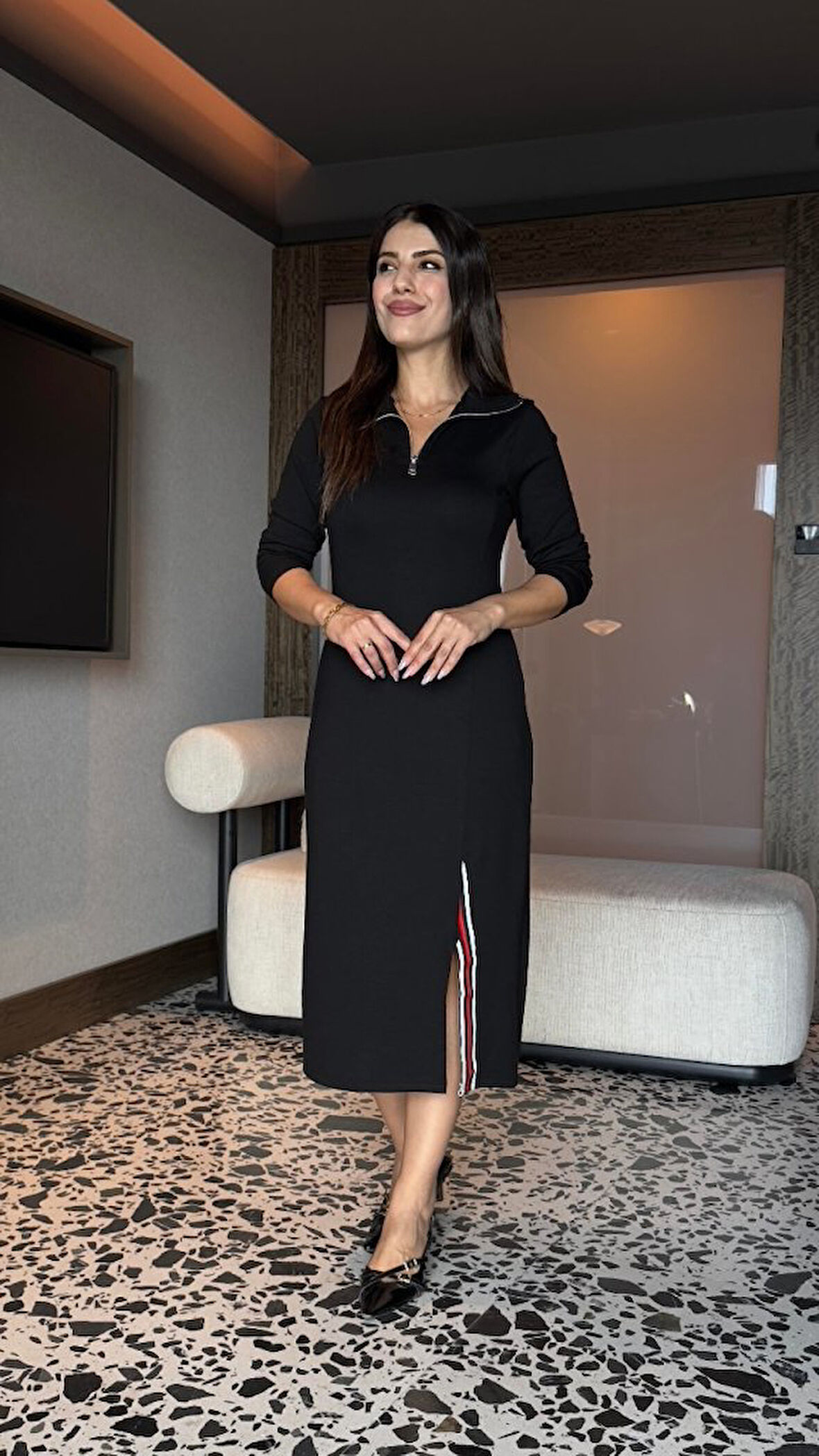 TUA MODA Kadın Uzun Kollu Balıkçı Yaka önden Fermuarlı Yırtmaçlı Midi Viskon Iki Iplik Elbise