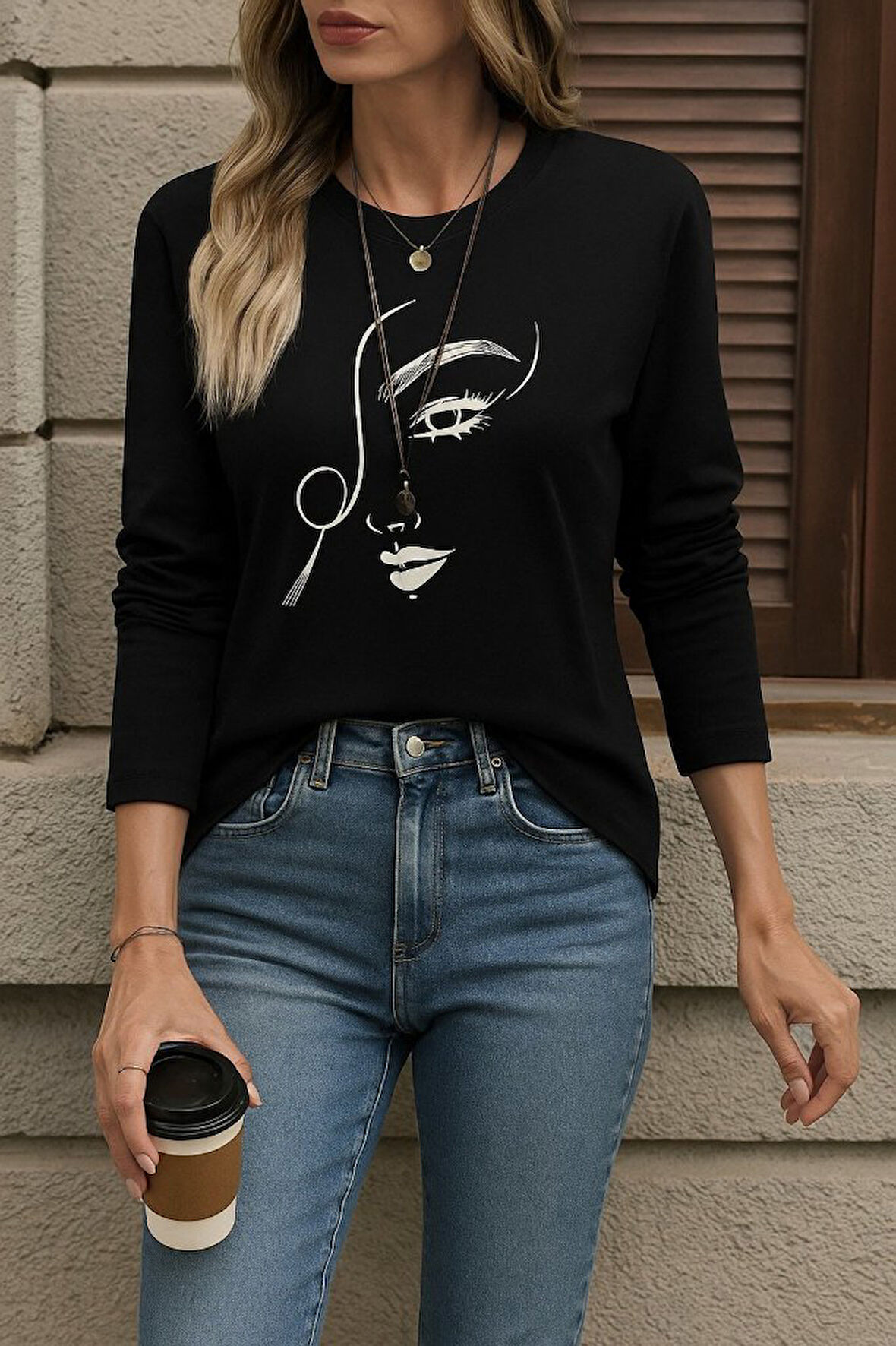 TUA MODA Kadın Uzun Kollu Bisiklet Yaka Yüz Desenli Viskon Bluz