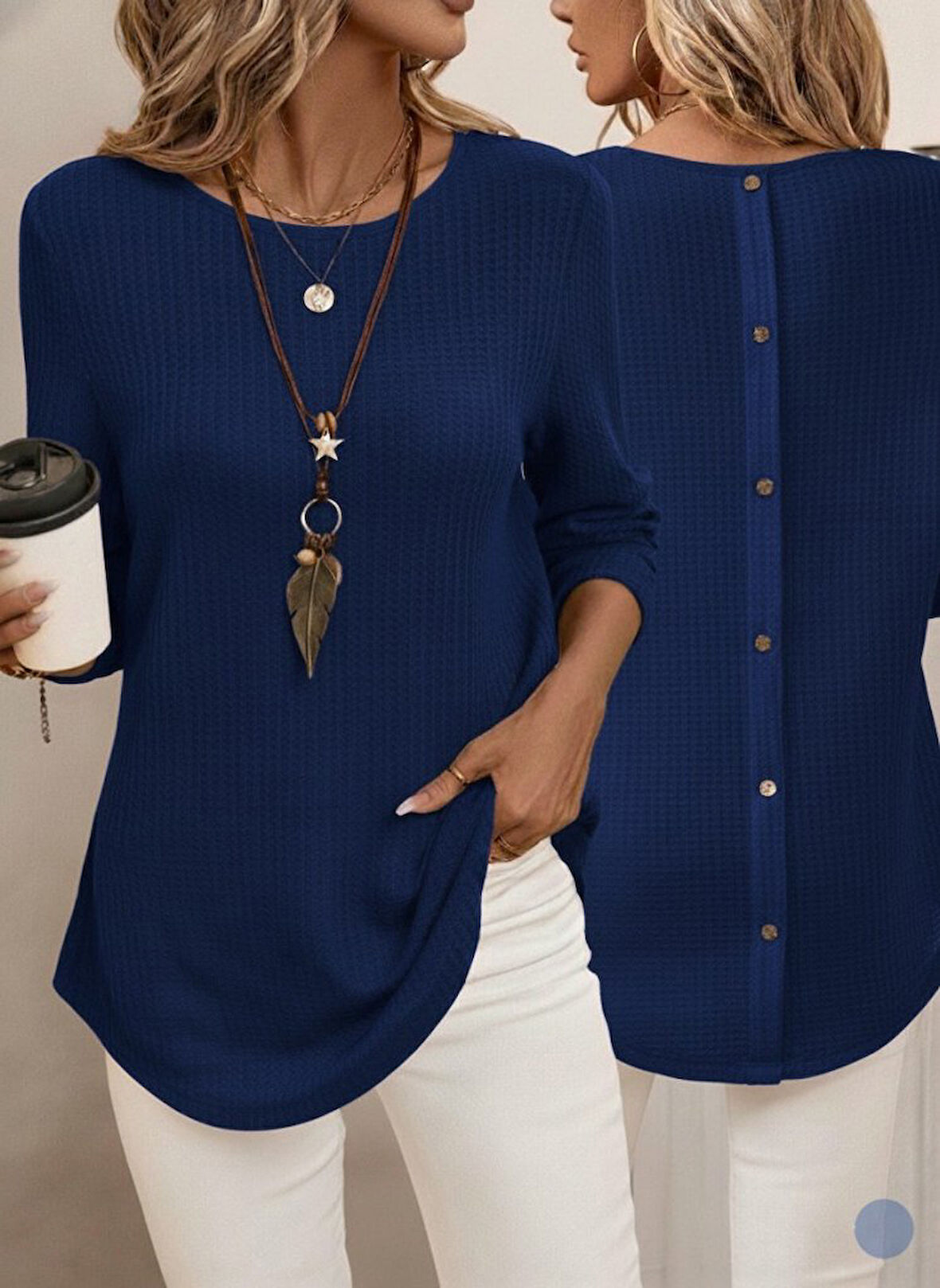 TUA MODA Kadın Uzun Kollu Yuvarlak Yaka Arkadan Düğmeli Waffle Bluz