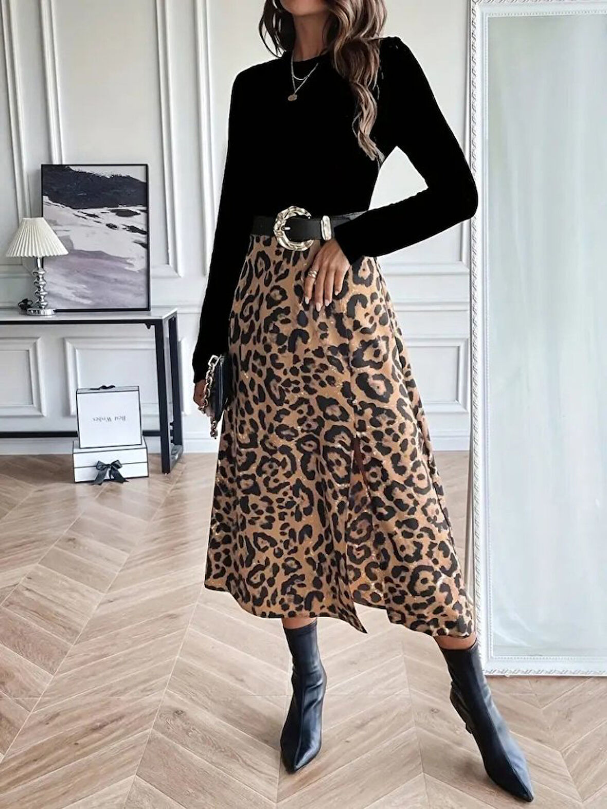 TUA MODA Kadın Uzun Kollu Bisiklet Yaka Ithal Krep Bluz Alt Desenli Modal Midi Elbise