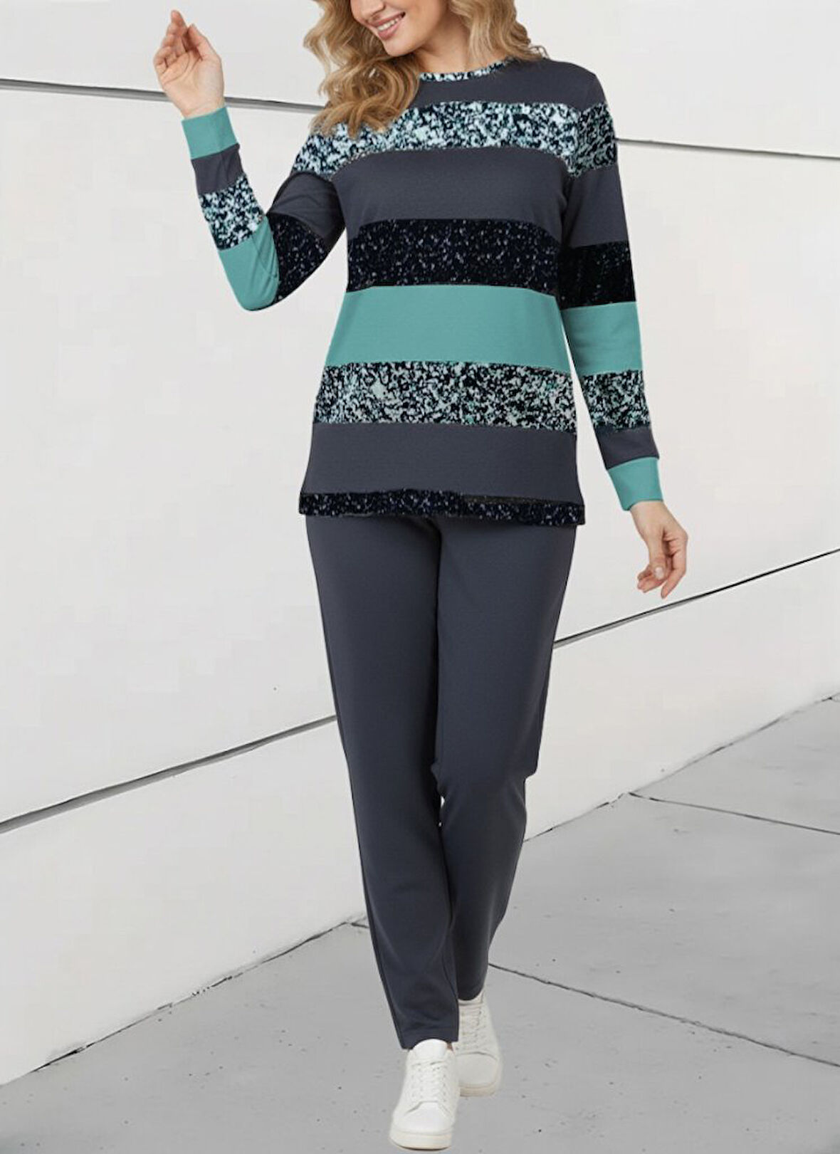 TUA MODA Kadın Uzun Kollu Bisiklet Yaka çizgili Desen Iki Iplik Bluz Ve Pantolon Ikili Takım