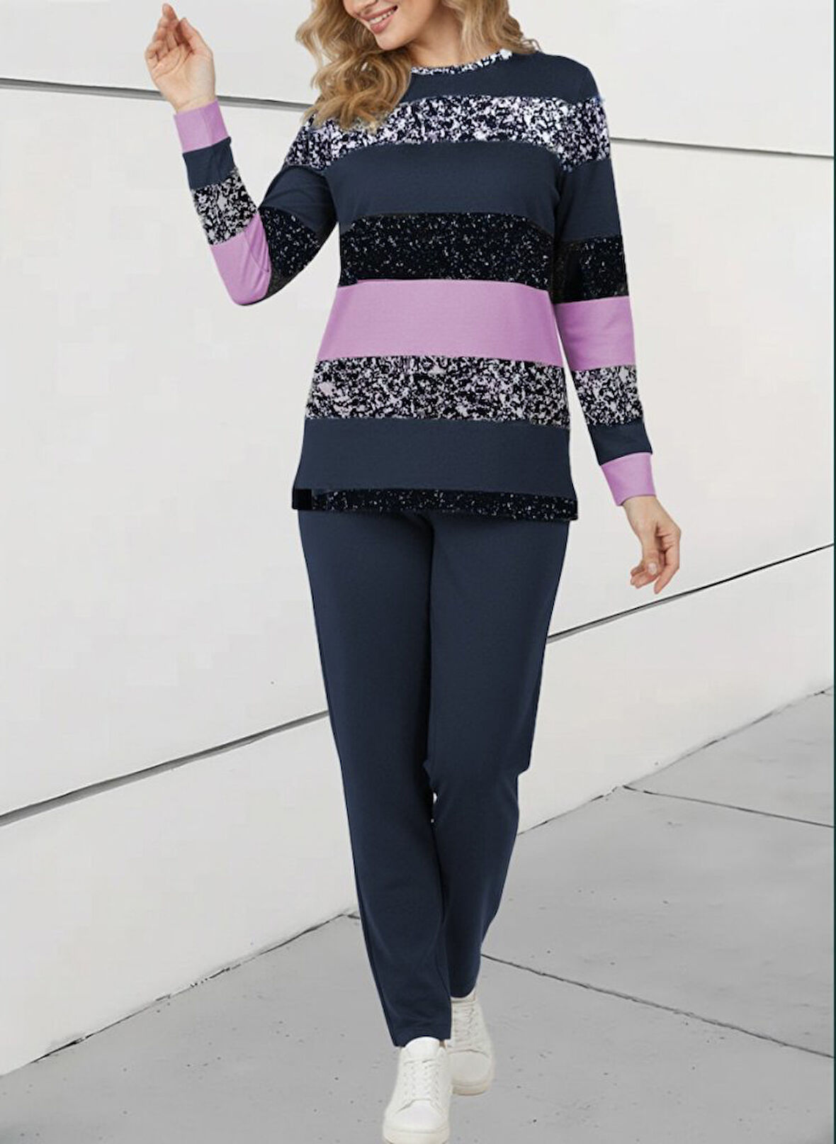 TUA MODA Kadın Uzun Kollu Bisiklet Yaka çizgili Desen Iki Iplik Bluz Ve Pantolon Ikili Takım