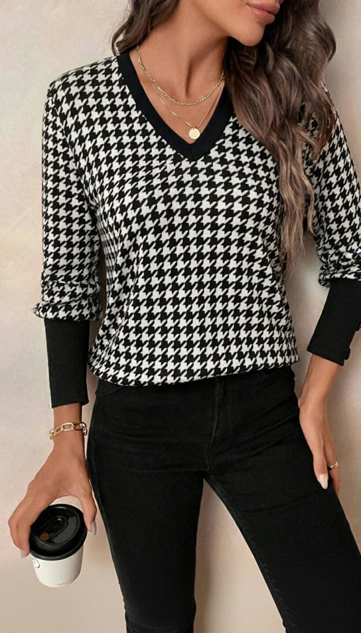 TUA MODA Kadın Uzun Kollu V Yakalı Desenli Süprem Bluz