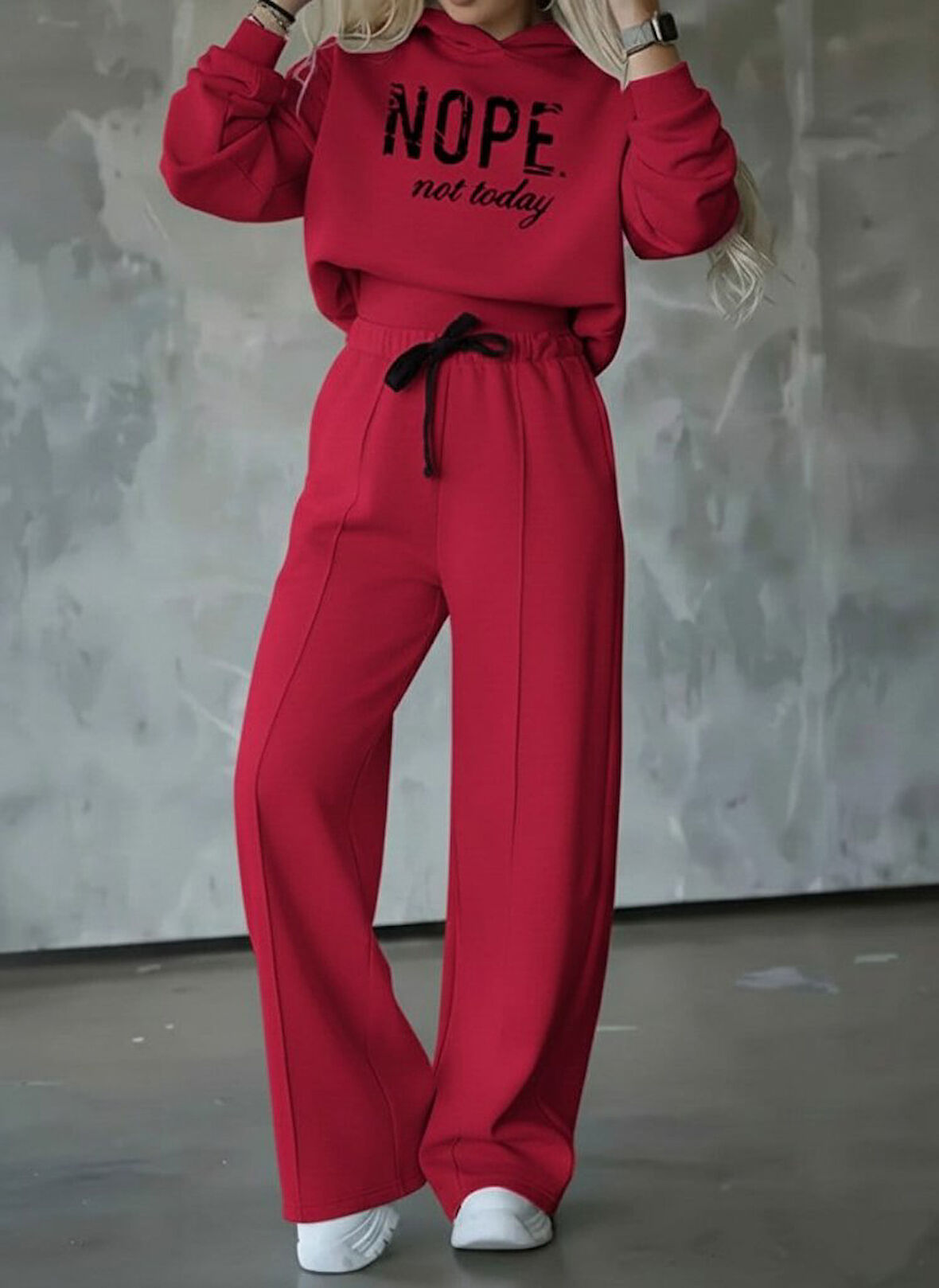 TUA MODA Kadın Uzun Kollu Nope Baskılı Beli Ribanalı Ikili Takım