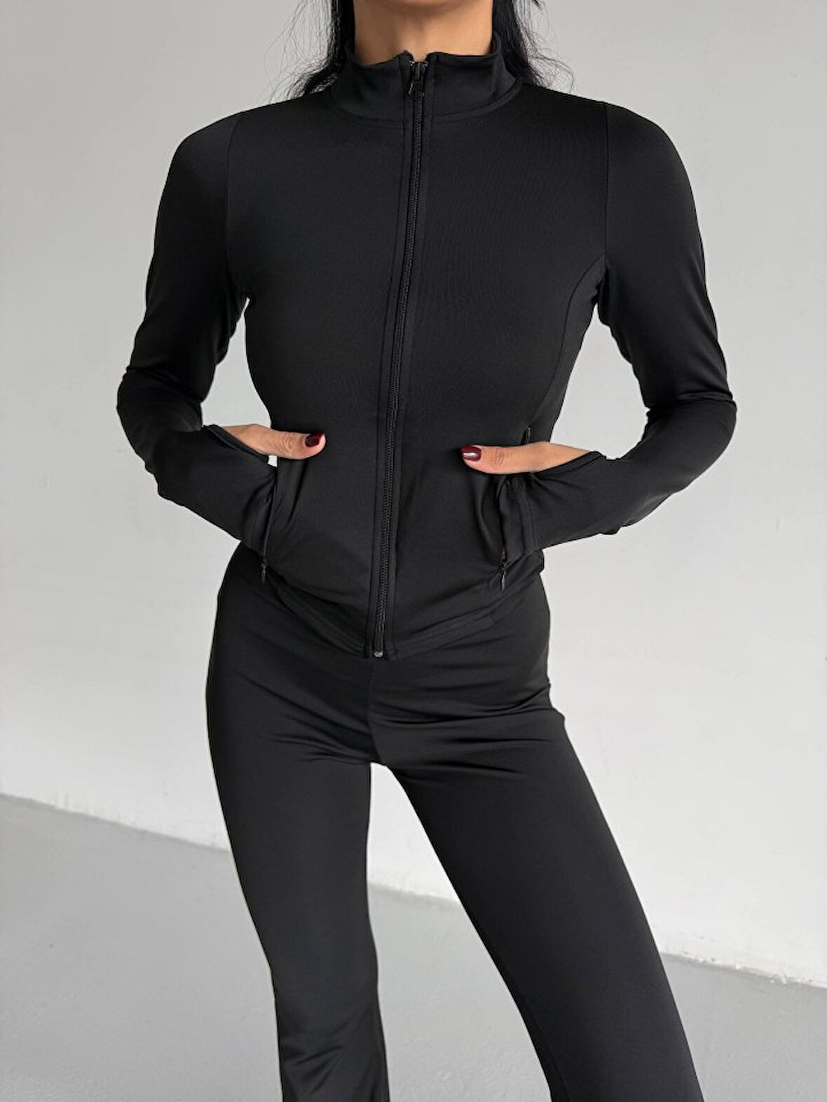 TUA MODA Kadın Balıkçı Yaka Cep Detaylı Ceket Ve Ispanyol Paça Spor Ikili Takım