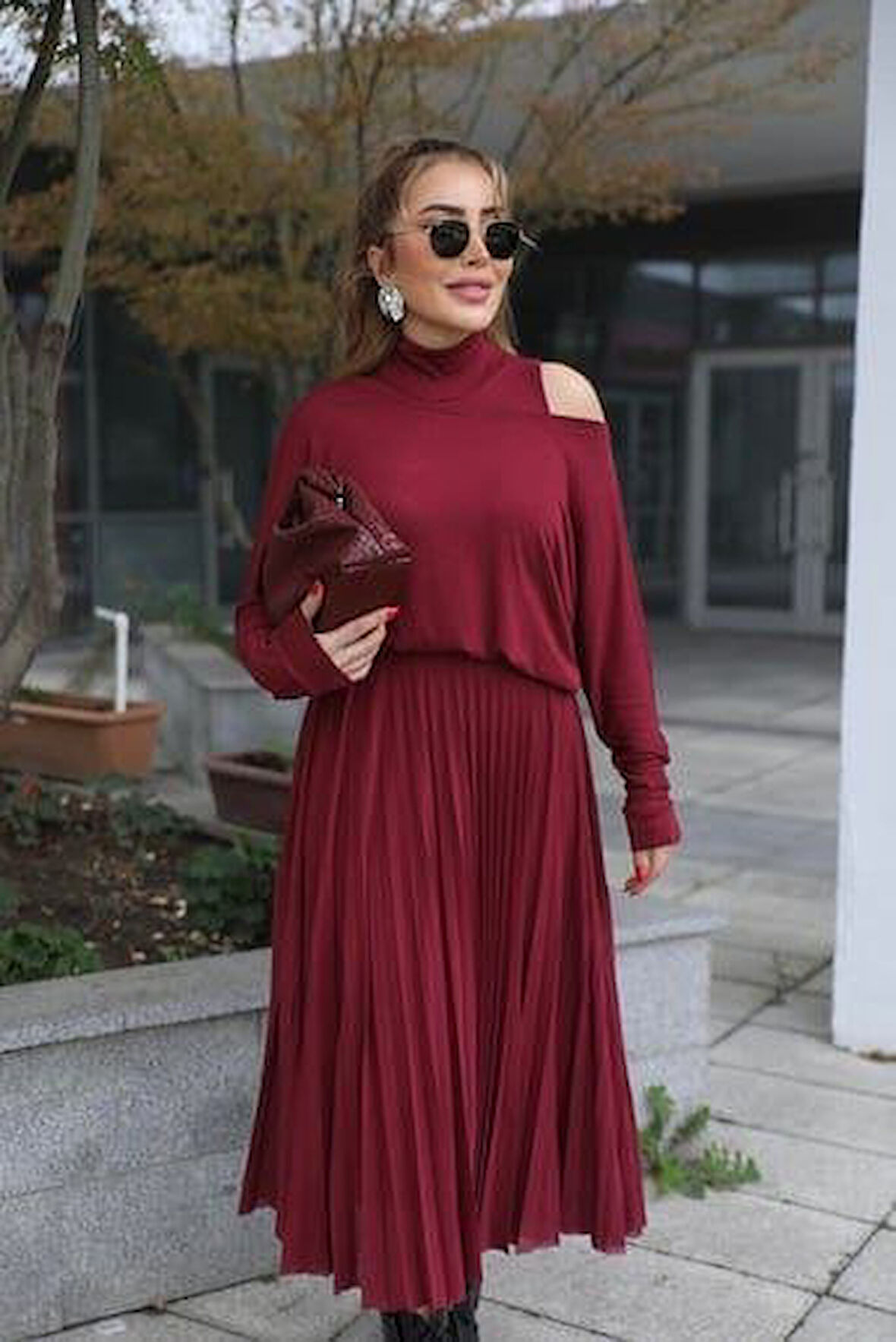 TUA MODA Kadın Triko Plise Ve Tül Detay Iki Parça Elbise