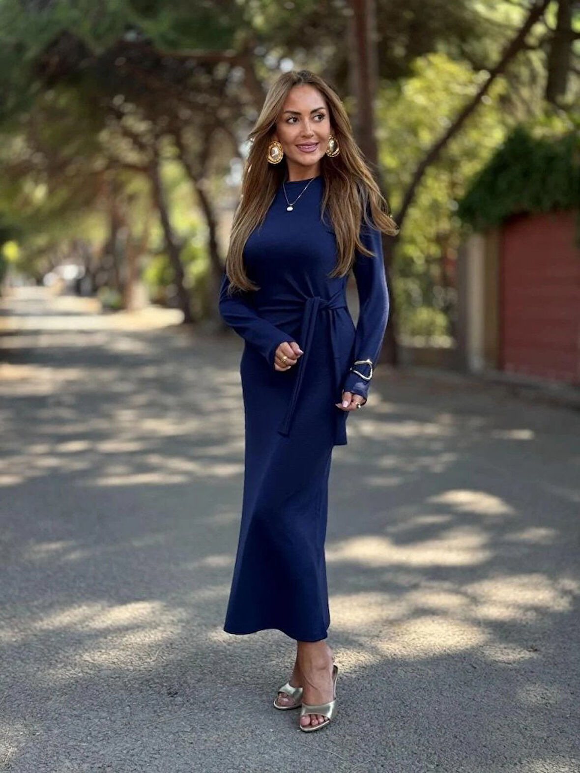 TUA MODA Kadın Uzun Kollu Bisiklet Yaka Yandan Bağlamalı Uzun Modal Elbise