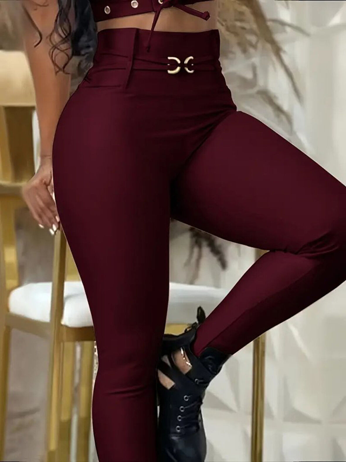 TUA MODA Kadın Yüksek Bel Belden Toka Detaylı Dalgıç Tayt